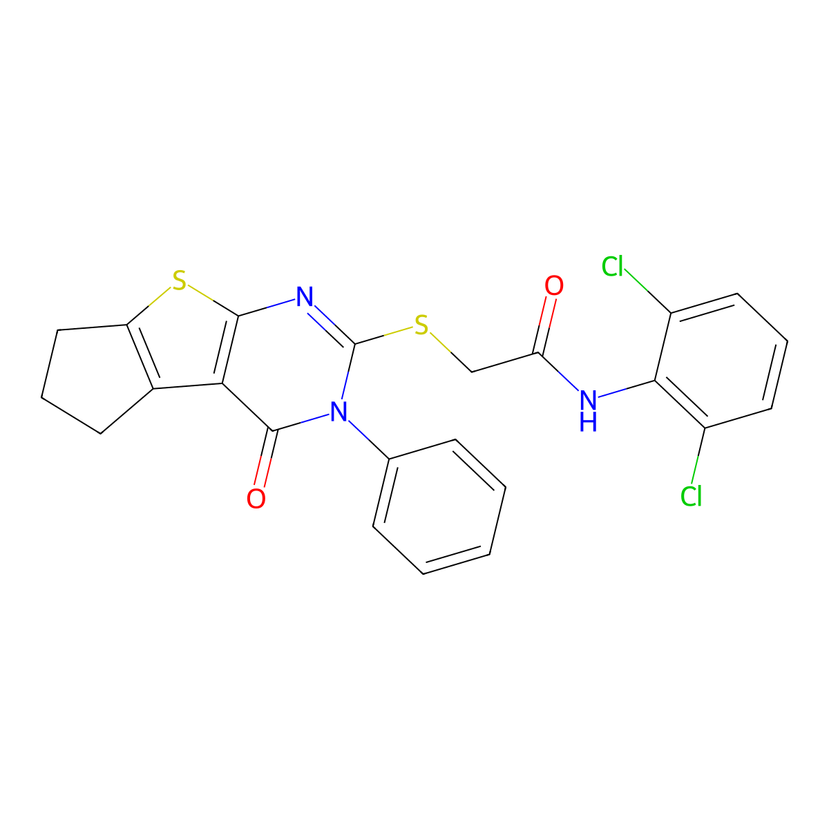 N-(2,6-dichlorophenyl)-2-[(4-oxo-3-phenyl-3,5,6,7-tetrahydro-4H-cyclopenta[4,5]thieno[2,3-d]pyrimidin-2-yl)sulfanyl]acetamide molecular structure, CAS 315707-71-2