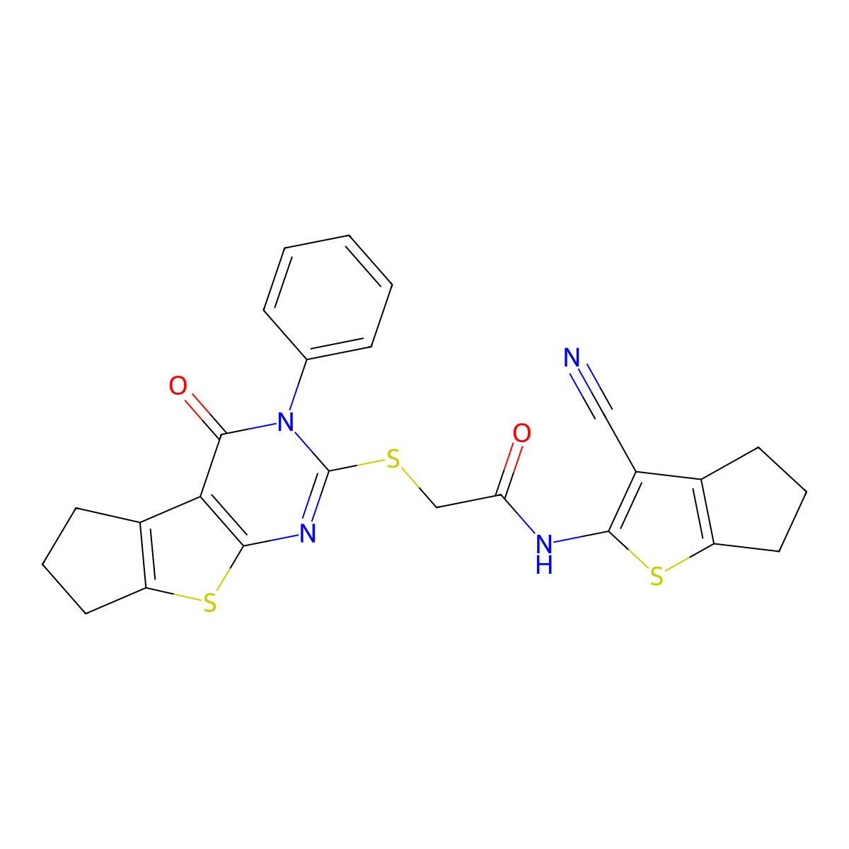 Acetamide, N-(3-cyano-5,6-dihydro-4H-cyclopenta[b]thien-2-yl)-2-[(3,5,6,7-tetrahydro-4-oxo-3-phenyl-4H-cyclopenta[4,5]thieno[2,3-d]pyrimidin-2-yl)thio]- molecular structure, CAS 315707-94-9