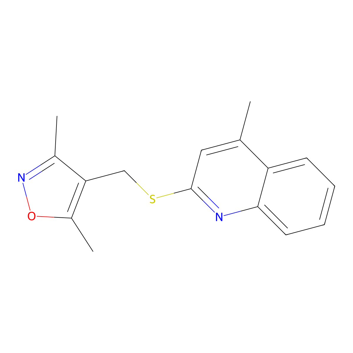 3,5-Dimethyl-4-(((4-methylquinolin-2-yl)thio)methyl)isoxazole molecular structure, CAS 315708-02-2