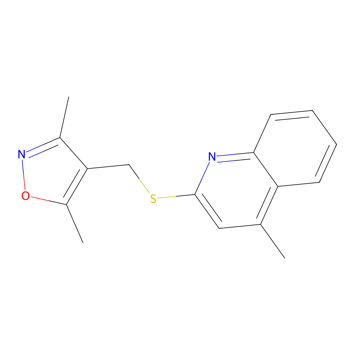 3,5-Dimethyl-4-(((4-methylquinolin-2-yl)thio)methyl)isoxazole molecular structure, CAS 315708-02-2