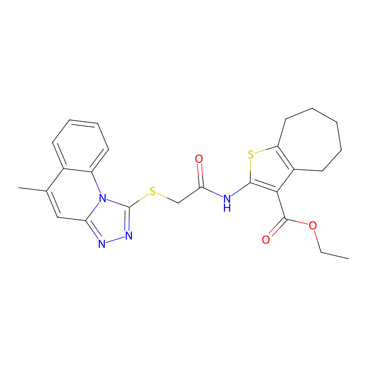 ethyl 2-[[2-[(5-methyl-[1,2,4]triazolo[4,3-a]quinolin-1-yl)sulfanyl]acetyl]amino]-5,6,7,8-tetrahydro-4H-cyclohepta[b]thiophene-3-carboxylate molecular structure, CAS 315708-08-8