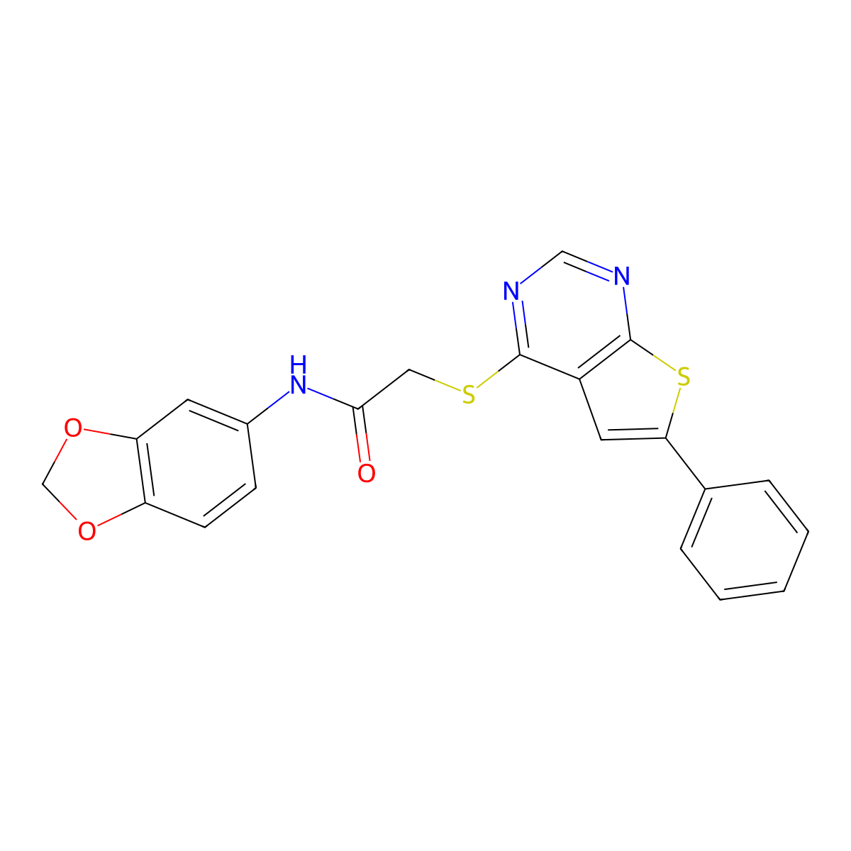 N-(2H-1,3-benzodioxol-5-yl)-2-({6-phenylthieno[2,3-d]pyrimidin-4-yl}sulfanyl)acetamide molecular structure, CAS 315708-10-2