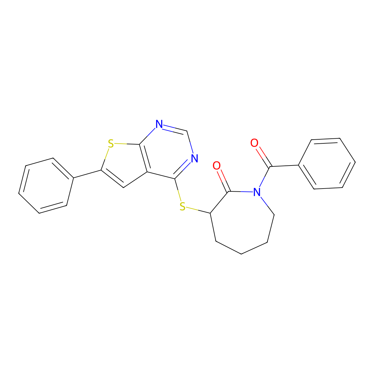 1-Benzoyl-3-[(6-phenylthieno[2,3-d]pyrimidin-4-yl)sulfanyl]-2-azepanone molecular structure, CAS 315708-18-0