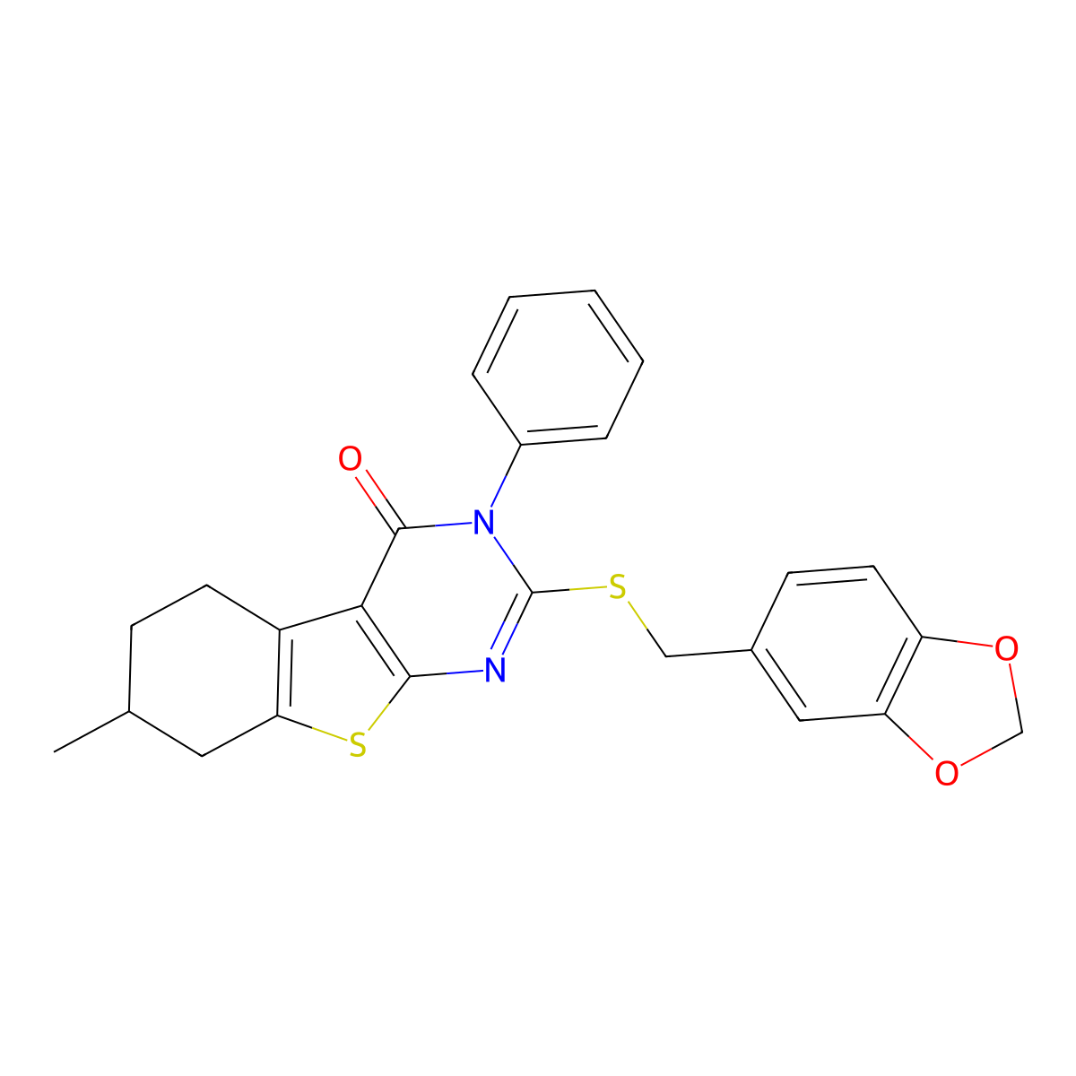 2-[(1,3-benzodioxol-5-ylmethyl)sulfanyl]-7-methyl-3-phenyl-5,6,7,8-tetrahydro[1]benzothieno[2,3-d]pyrimidin-4(3H)-one molecular structure, CAS 315708-32-8