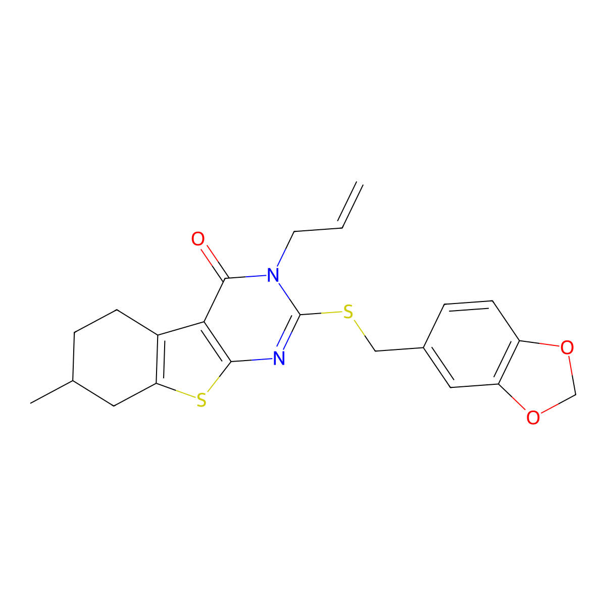 3-allyl-2-[(1,3-benzodioxol-5-ylmethyl)sulfanyl]-7-methyl-5,6,7,8-tetrahydro[1]benzothieno[2,3-d]pyrimidin-4(3H)-one molecular structure, CAS 315708-33-9