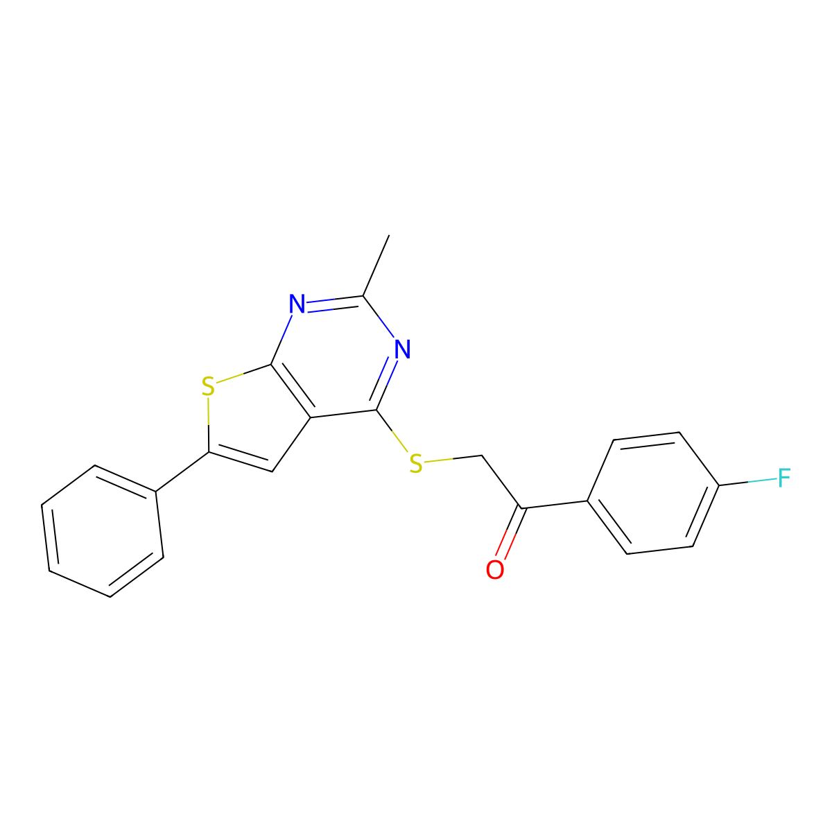 1-(4-Fluorophenyl)-2-((2-methyl-6-phenylthieno[2,3-d]pyrimidin-4-yl)thio)ethanone molecular structure, CAS 315708-49-7
