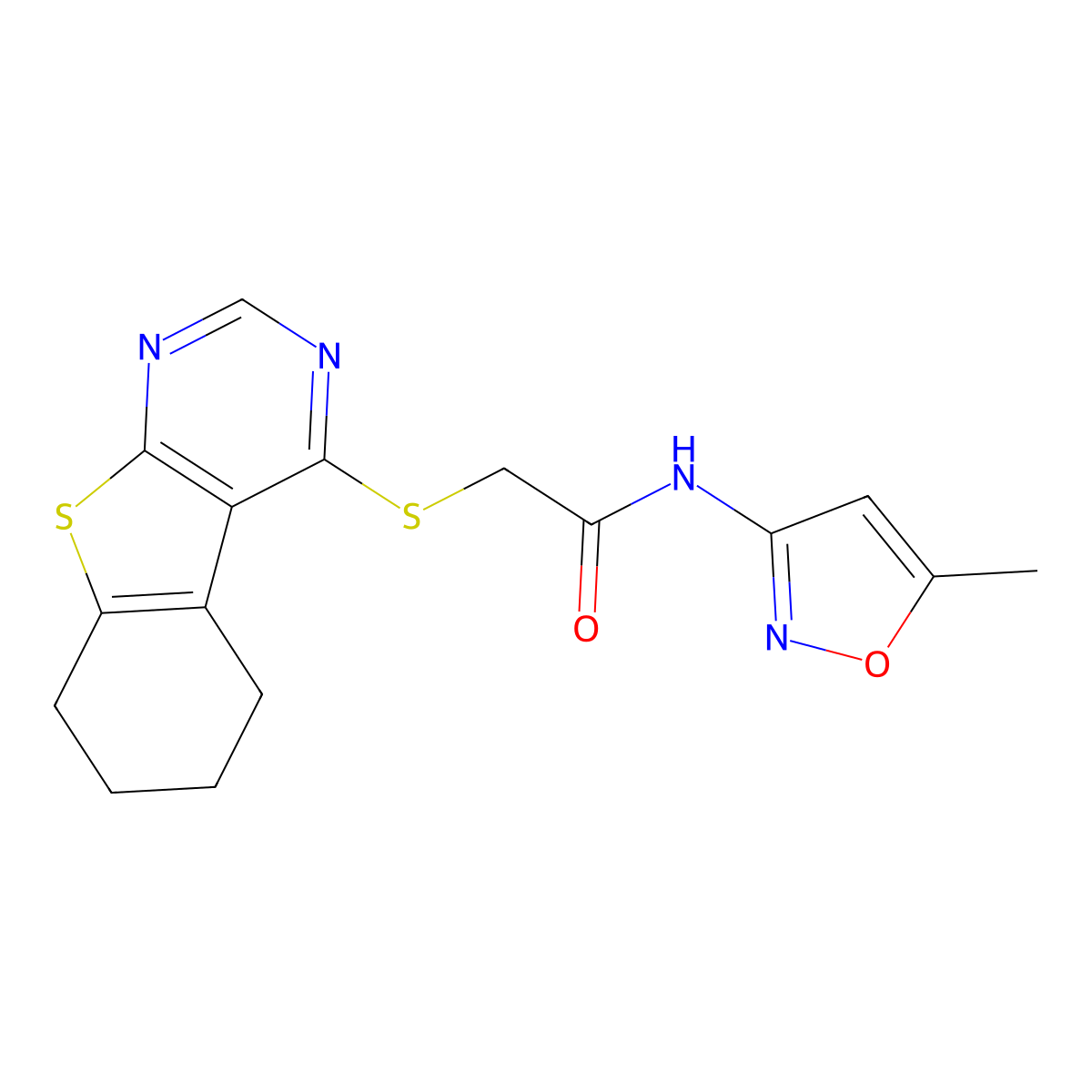 N-(5-methylisoxazol-3-yl)-2-(5,6,7,8-tetrahydrobenzo[b]thiopheno[3,2-e]pyrimid in-4-ylthio)acetamide molecular structure, CAS 315708-71-5