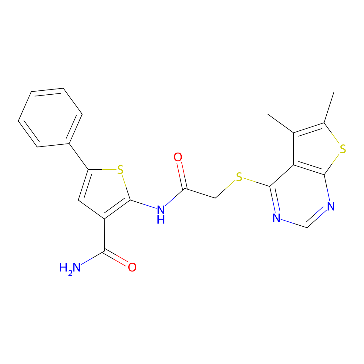 2-(2-((5,6-Dimethylthieno[2,3-d]pyrimidin-4-yl)thio)acetamido)-5-phenylthiophene-3-carboxamide molecular structure, CAS 315709-38-7