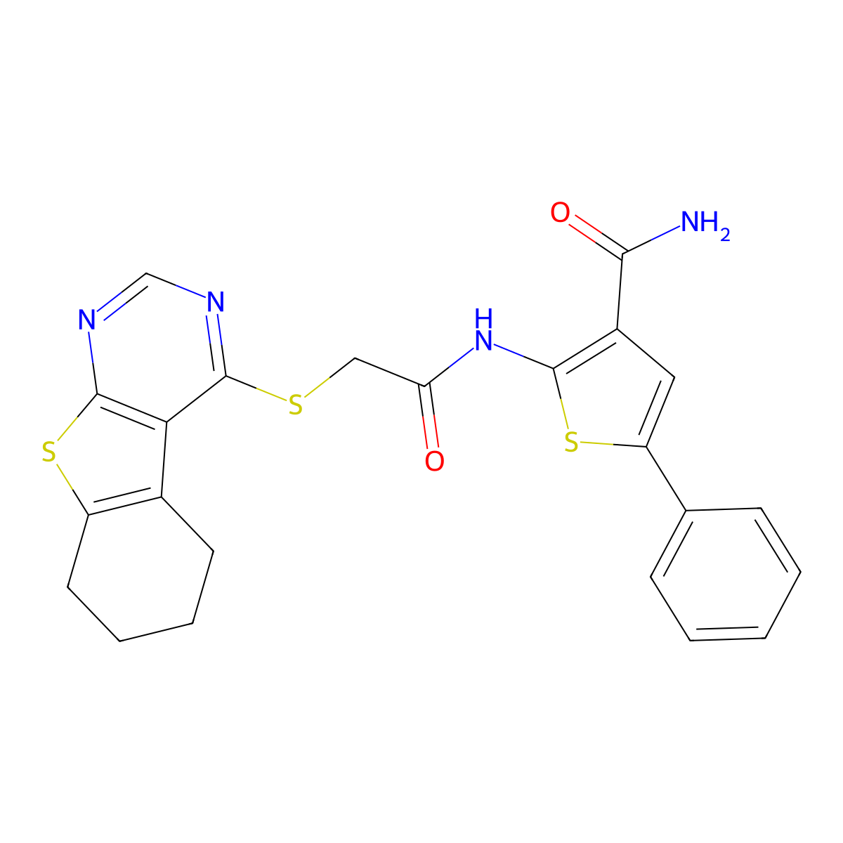 5-Phenyl-2-[[2-(5,6,7,8-tetrahydro-[1]benzothiolo[2,3-d]pyrimidin-4-ylsulfanyl)acetyl]amino]thiophene-3-carboxamide molecular structure, CAS 315709-39-8