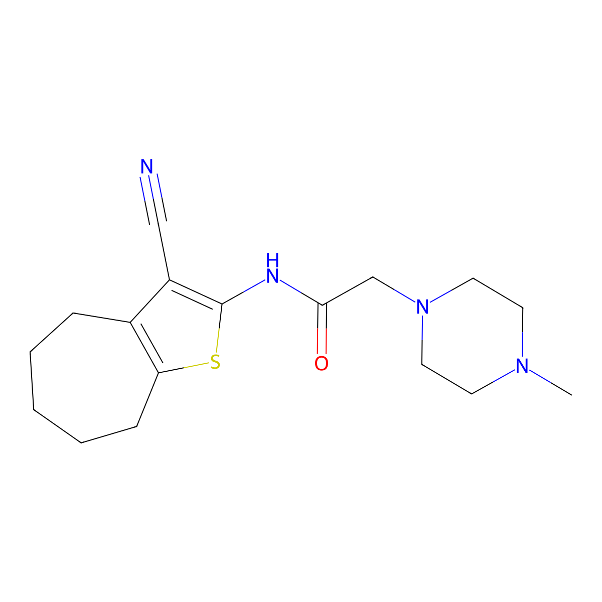 N-(3-cyano-5,6,7,8-tetrahydro-4H-cyclohepta[b]thiophen-2-yl)-2-(4-methylpiperazin-1-yl)acetamide molecular structure, CAS 315709-58-1