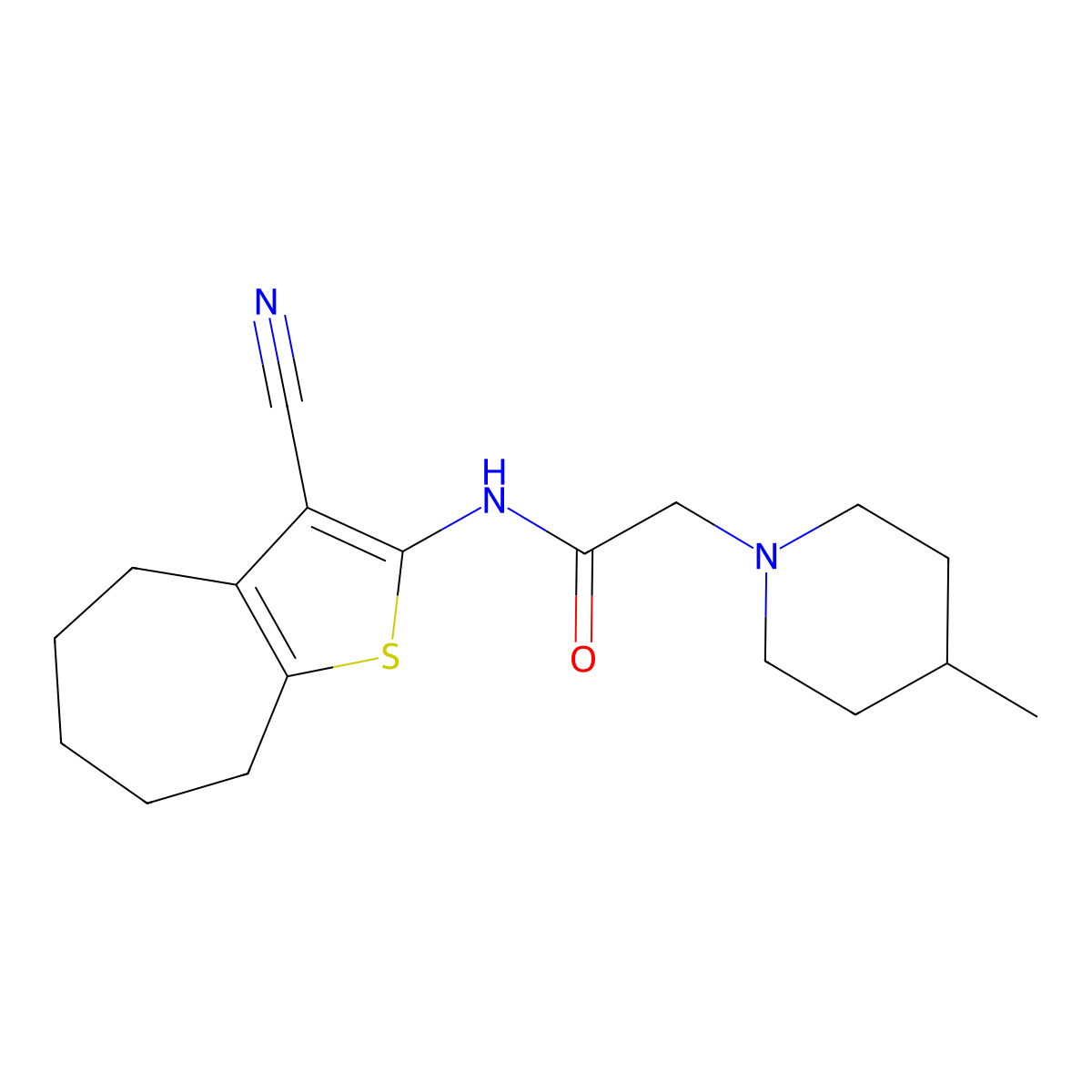 N-(3-cyano-5,6,7,8-tetrahydro-4H-cyclohepta[b]thiophen-2-yl)-2-(4-methylpiperidin-1-yl)acetamide molecular structure, CAS 315709-68-3