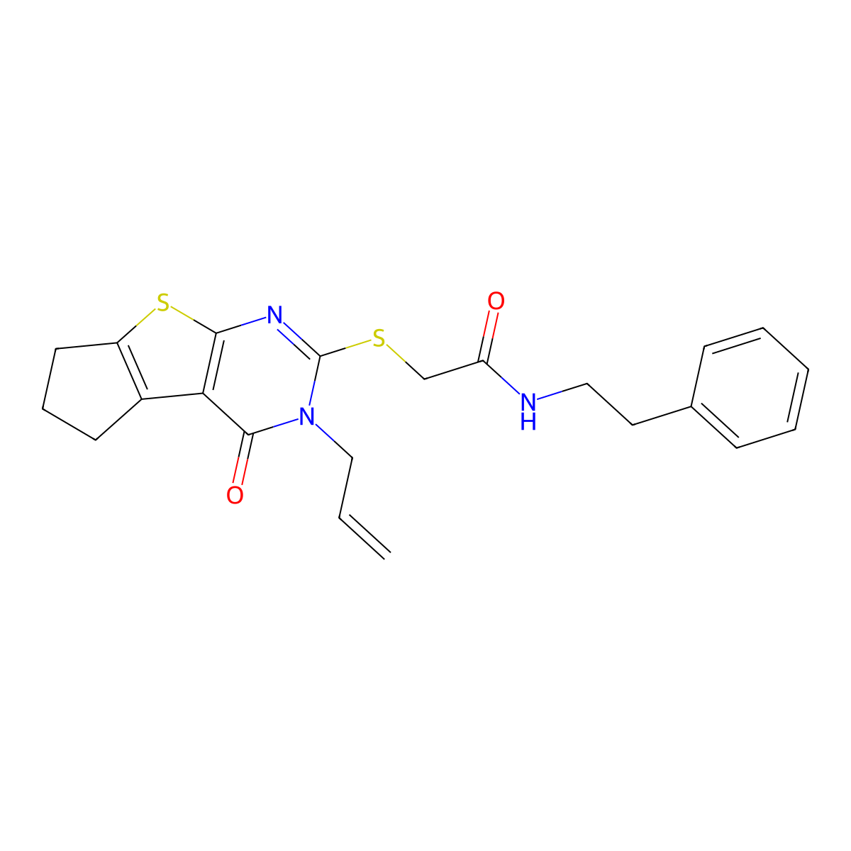 2-{[12-oxo-11-(prop-2-en-1-yl)-7-thia-9,11-diazatricyclo[6.4.0.0^{2,6}]dodeca-1(8),2(6),9-trien-10-yl]sulfanyl}-N-(2-phenylethyl)acetamide molecular structure, CAS 315710-47-5