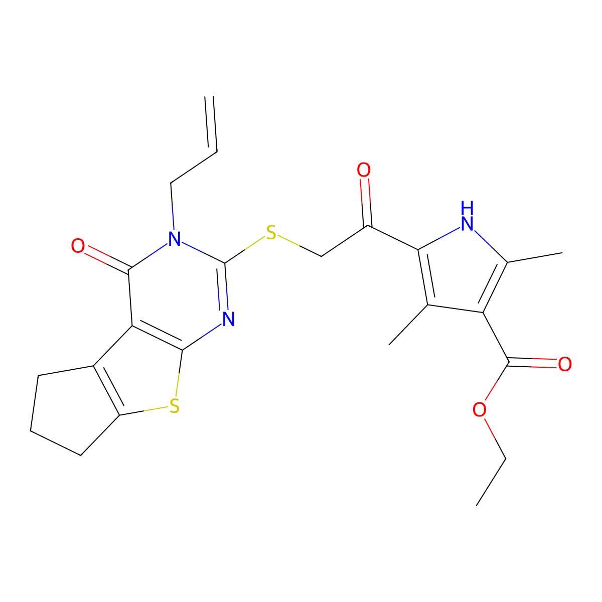 ethyl 5-{[(3-allyl-4-oxo-3,5,6,7-tetrahydro-4H-cyclopenta[4,5]thieno[2,3-d]pyrimidin-2-yl)sulfanyl]acetyl}-2,4-dimethyl-1H-pyrrole-3-carboxylate molecular structure, CAS 315710-57-7