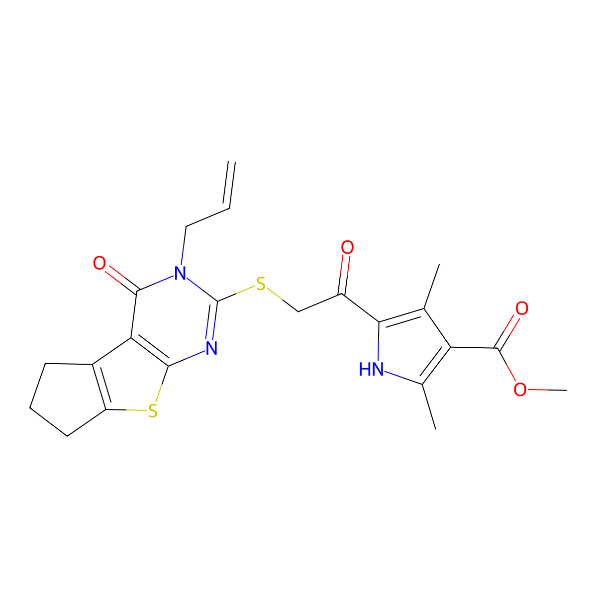 methyl 2,4-dimethyl-5-(2-{[12-oxo-11-(prop-2-en-1-yl)-7-thia-9,11-diazatricyclo[6.4.0.0^{2,6}]dodeca-1(8),2(6),9-trien-10-yl]sulfanyl}acetyl)-1H-pyrrole-3-carboxylate molecular structure, CAS 315710-58-8