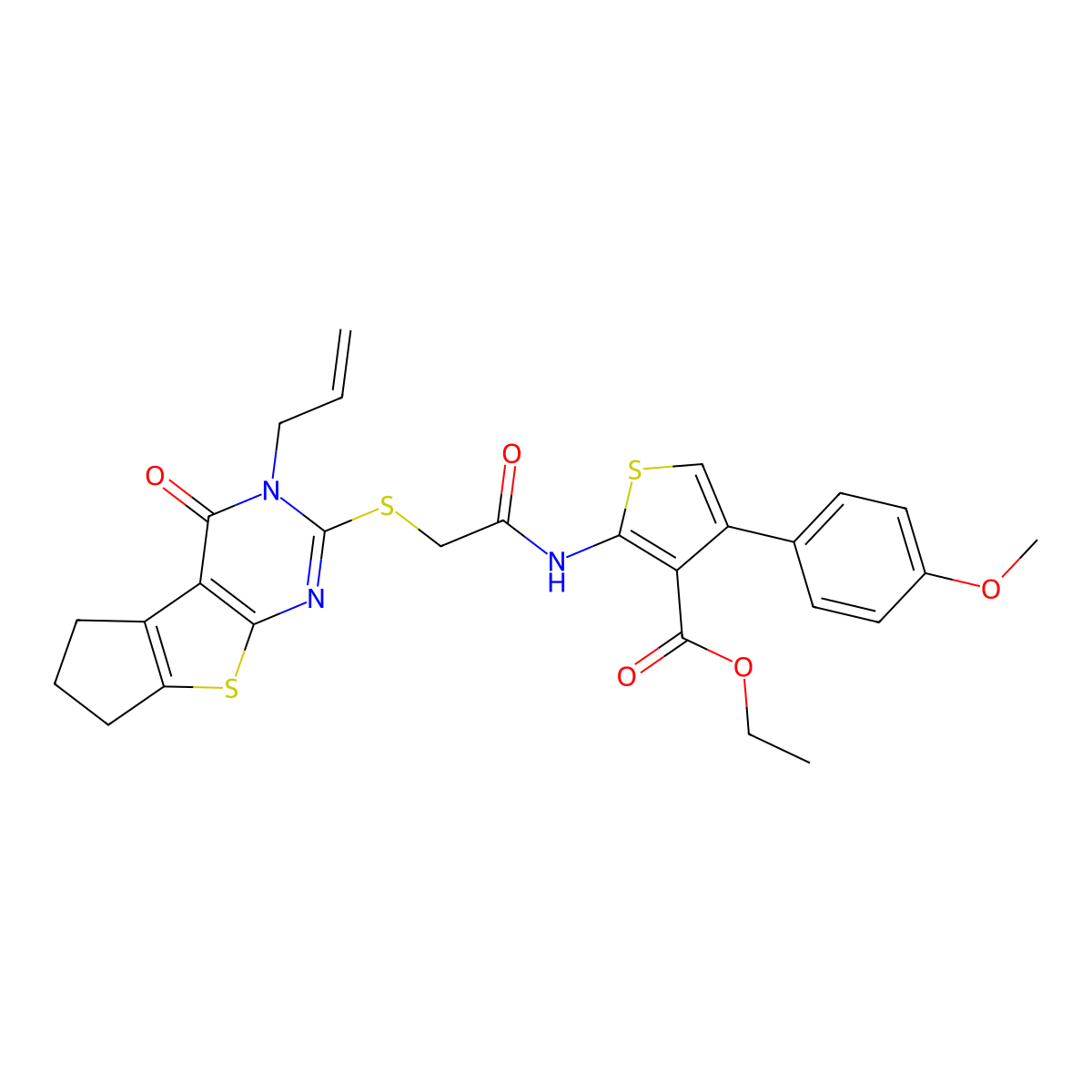 ethyl 2-(2-((3-allyl-4-oxo-4,5,6,7-tetrahydro-3H-cyclopenta[4,5]thieno[2,3-d]pyrimidin-2-yl)thio)acetamido)-4-(4-methoxyphenyl)thiophene-3-carboxylate molecular structure, CAS 315710-65-7