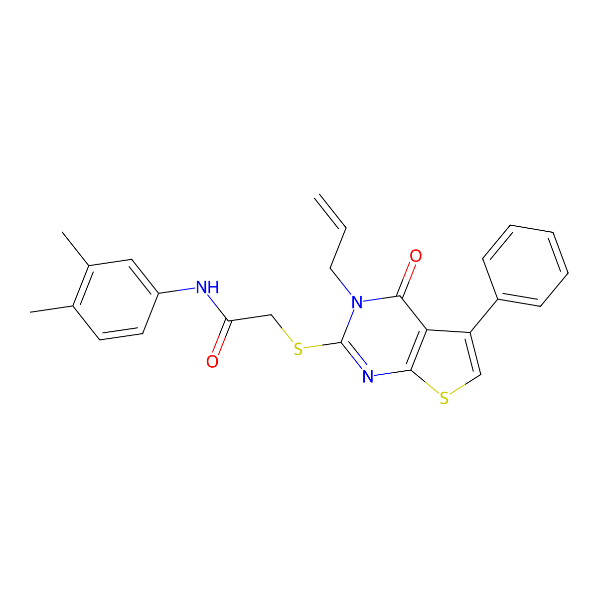 N-(3,4-dimethylphenyl)-2-(4-oxo-5-phenyl-3-prop-2-enylthieno[2,3-d]pyrimidin-2-yl)sulfanylacetamide molecular structure, CAS 315711-01-4