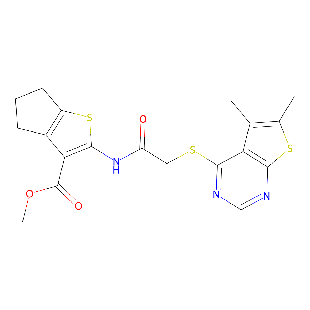 methyl 2-({[(5,6-dimethylthieno[2,3-d]pyrimidin-4-yl)sulfanyl]acetyl}amino)-5,6-dihydro-4H-cyclopenta[b]thiophene-3-carboxylate molecular structure, CAS 315711-09-2