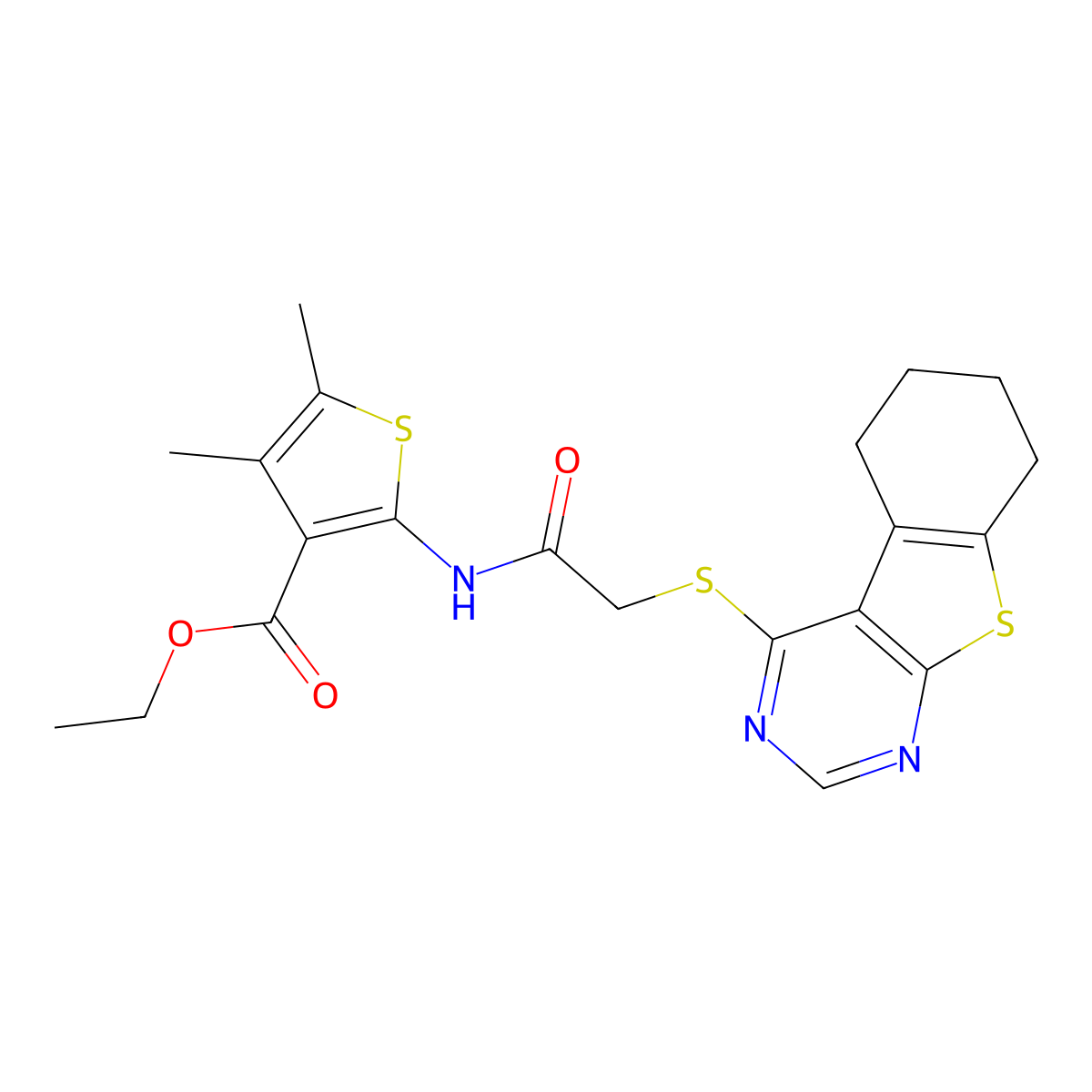 Ethyl 4,5-dimethyl-2-[[2-(5,6,7,8-tetrahydro-[1]benzothiolo[2,3-d]pyrimidin-4-ylsulfanyl)acetyl]amino]thiophene-3-carboxylate molecular structure, CAS 315711-17-2