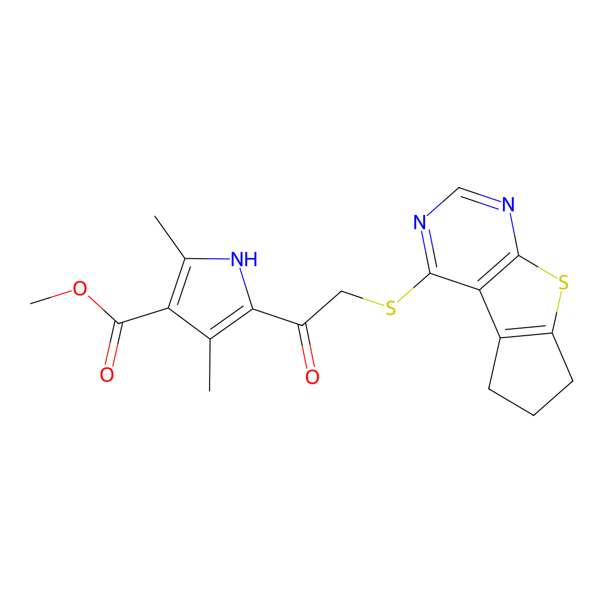 methyl 2,4-dimethyl-5-(2-{7-thia-9,11-diazatricyclo[6.4.0.0^{2,6}]dodeca-1(8),2(6),9,11-tetraen-12-ylsulfanyl}acetyl)-1H-pyrrole-3-carboxylate molecular structure, CAS 315711-39-8