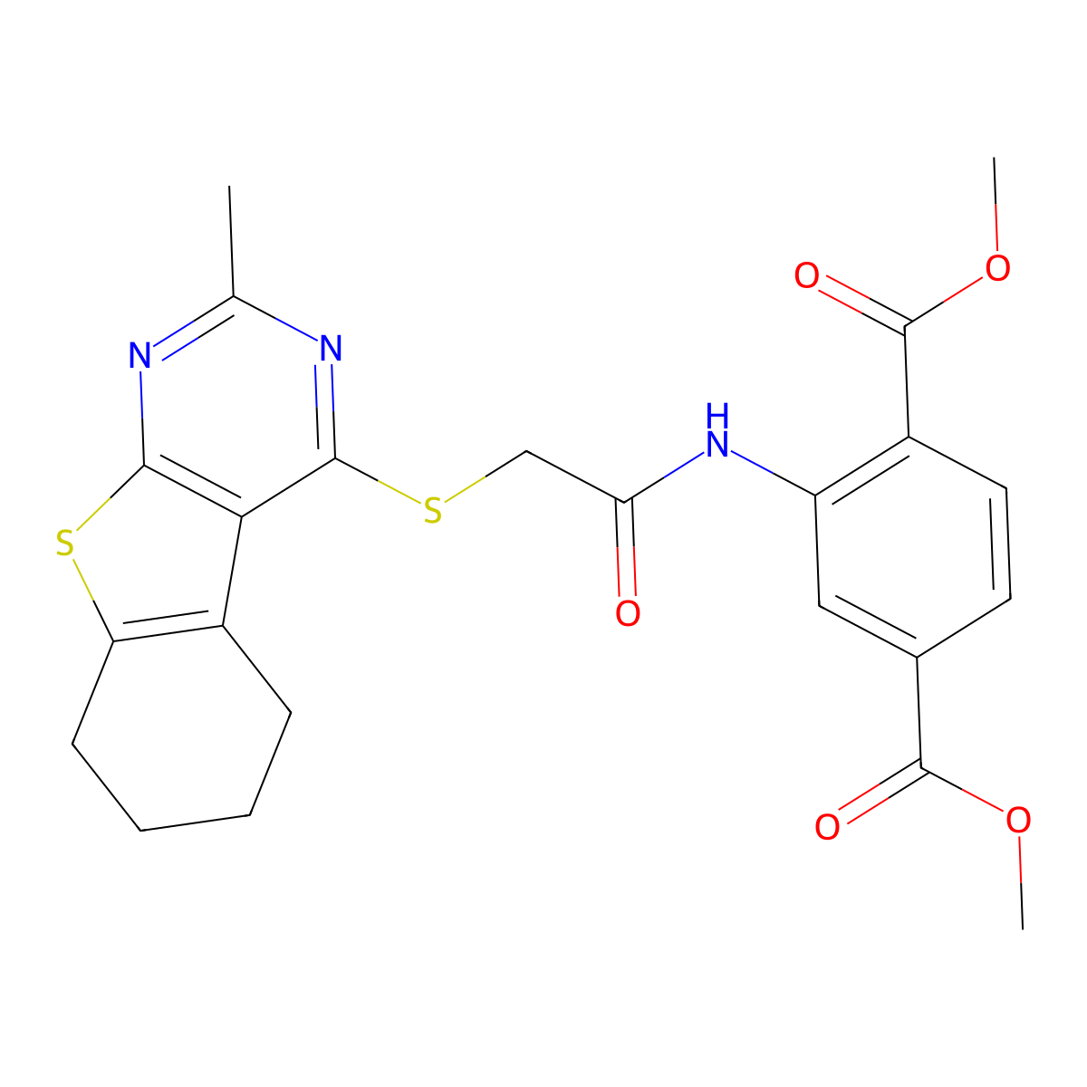 Dimethyl 2-[[2-[(2-methyl-5,6,7,8-tetrahydro-[1]benzothiolo[2,3-d]pyrimidin-4-yl)sulfanyl]acetyl]amino]benzene-1,4-dicarboxylate molecular structure, CAS 315711-47-8