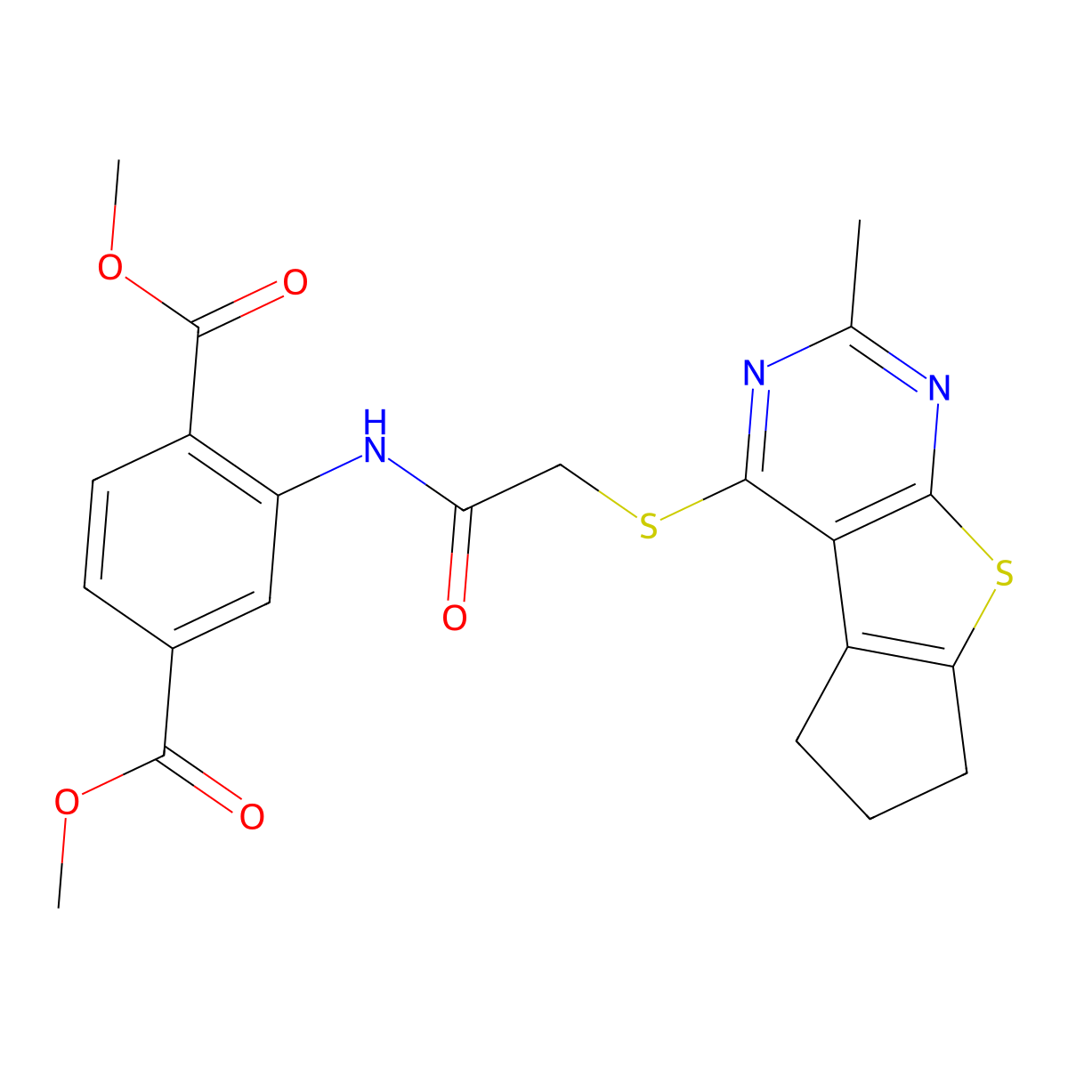 1,4-Dimethyl 2-[2-({10-methyl-7-thia-9,11-diazatricyclo[6.4.0.0^{2,6}]dodeca-1(8),2(6),9,11-tetraen-12-yl}sulfanyl)acetamido]benzene-1,4-dicarboxylate molecular structure, CAS 315711-52-5