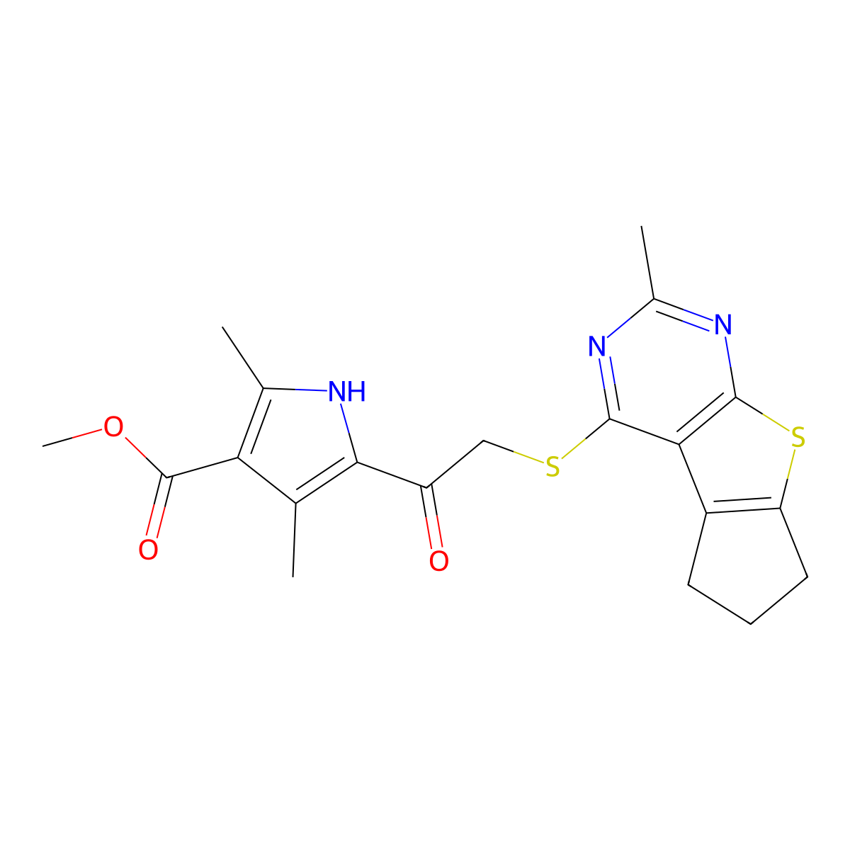 methyl 2,4-dimethyl-5-{[(2-methyl-6,7-dihydro-5H-cyclopenta[4,5]thieno[2,3-d]pyrimidin-4-yl)sulfanyl]acetyl}-1H-pyrrole-3-carboxylate molecular structure, CAS 315711-70-7