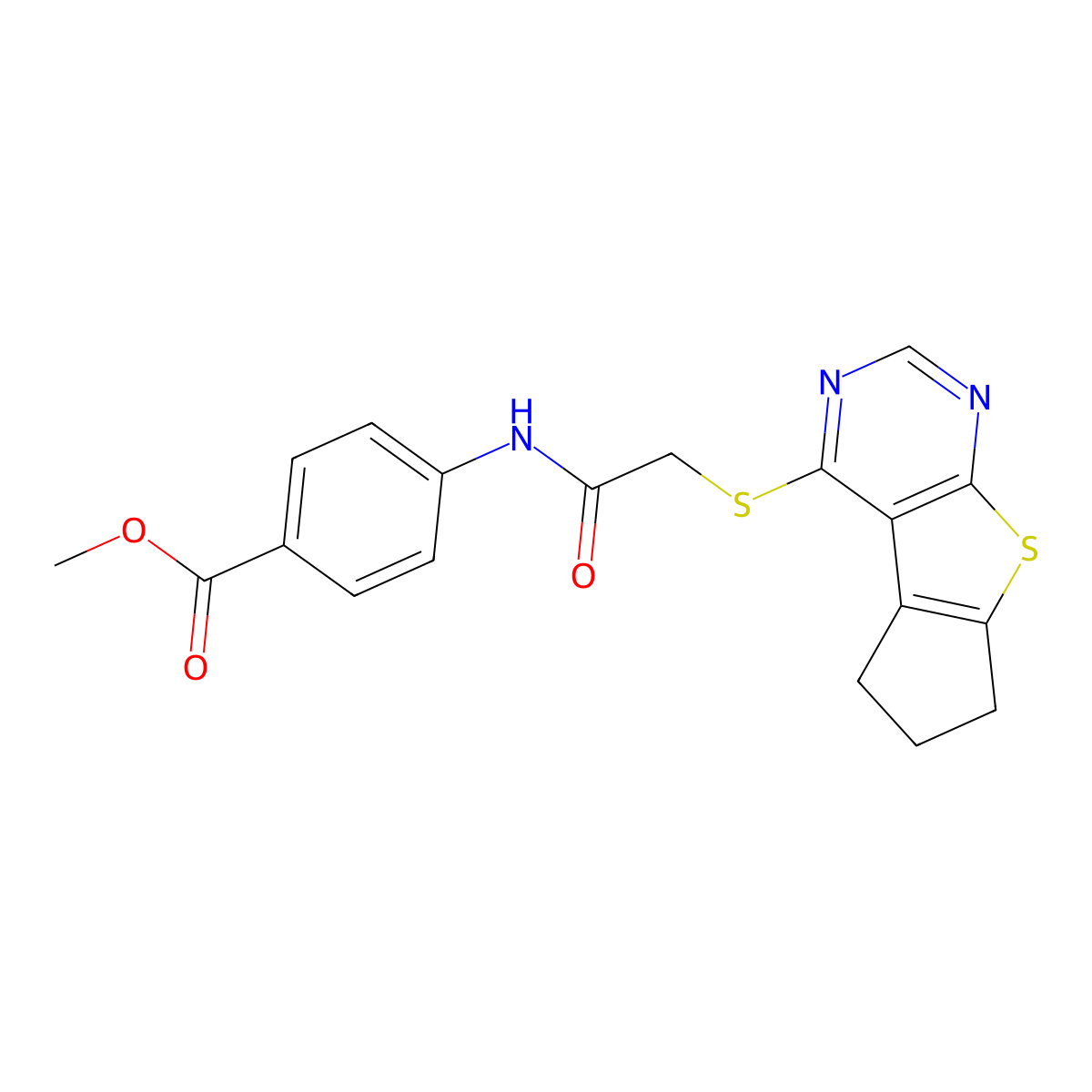 Methyl 4-(2-{7-thia-9,11-diazatricyclo[6.4.0.0^{2,6}]dodeca-1(8),2(6),9,11-tetraen-12-ylsulfanyl}acetamido)benzoate molecular structure, CAS 315711-91-2