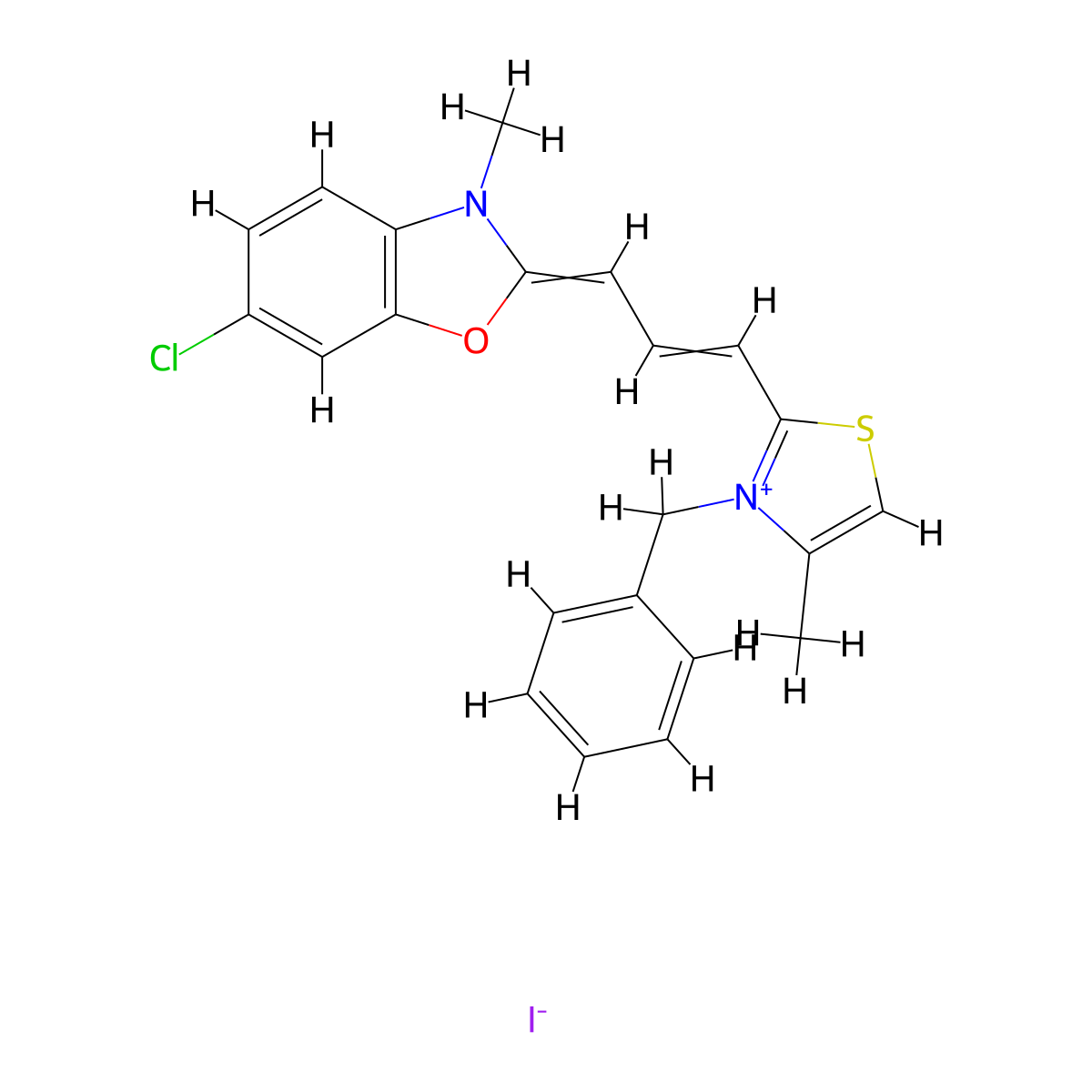 Benzoxazolium, 6-chloro-3-methyl-2-[3-[4-methyl-3-(phenylmethyl)-2(3H)-thiazolylidene]-1-propen-1-yl]-, iodide (1:1) molecular structure, CAS 31580-45-7