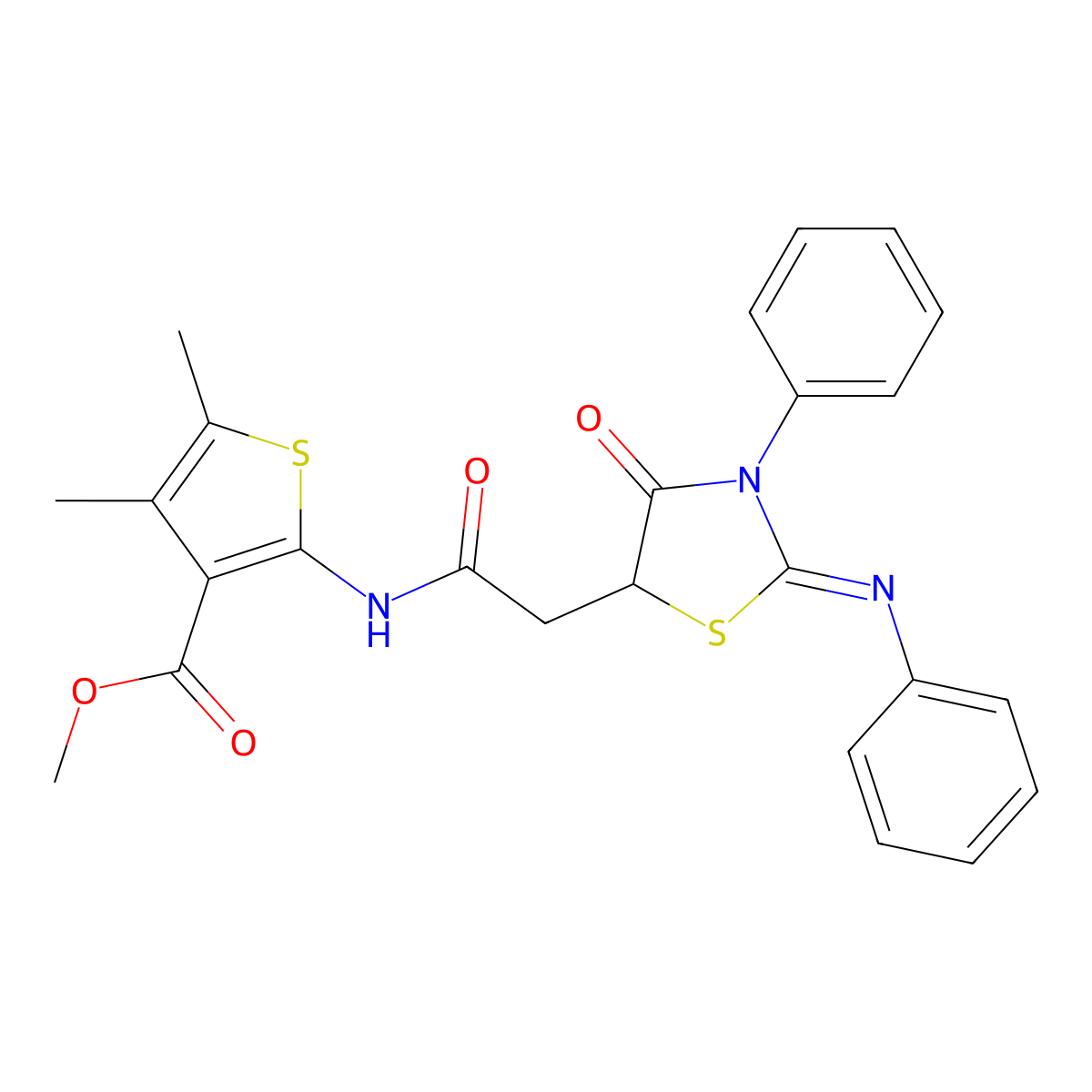 (E)-methyl 4,5-dimethyl-2-(2-(4-oxo-3-phenyl-2-(phenylimino)thiazolidin-5-yl)acetamido)thiophene-3-carboxylate molecular structure, CAS 316125-39-0
