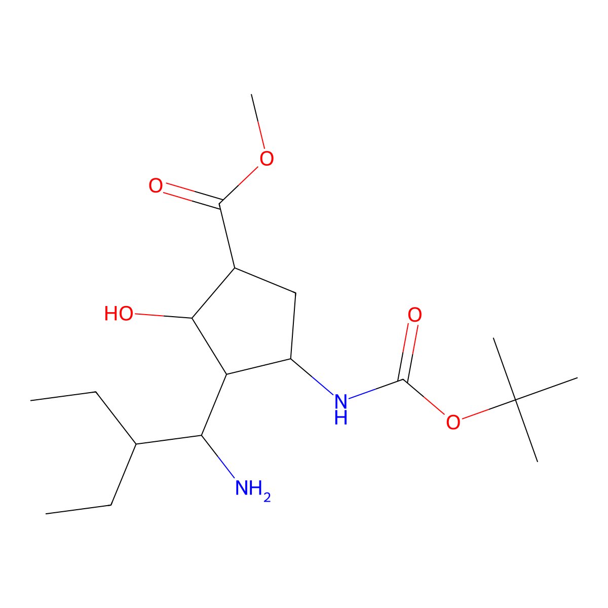 (1S,2S,3S,4R)-methyl 3-((S)-1-amino-2-ethylbutyl)-4-(tert-butoxycarbonylamino)-2-hydroxycyclopentanecarboxylate molecular structure, CAS 316173-29-2