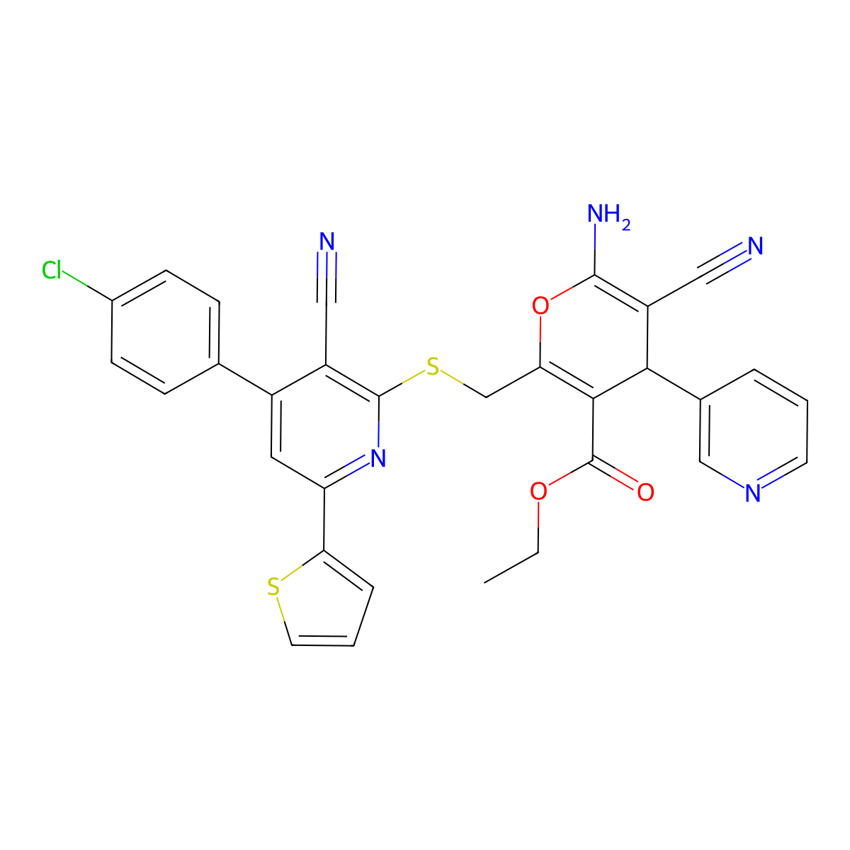 ethyl 6-amino-2-({[4-(4-chlorophenyl)-3-cyano-6-(thiophen-2-yl)pyridin-2-yl]sulfanyl}methyl)-5-cyano-4-(pyridin-3-yl)-4H-pyran-3-carboxylate molecular structure, CAS 316357-73-0