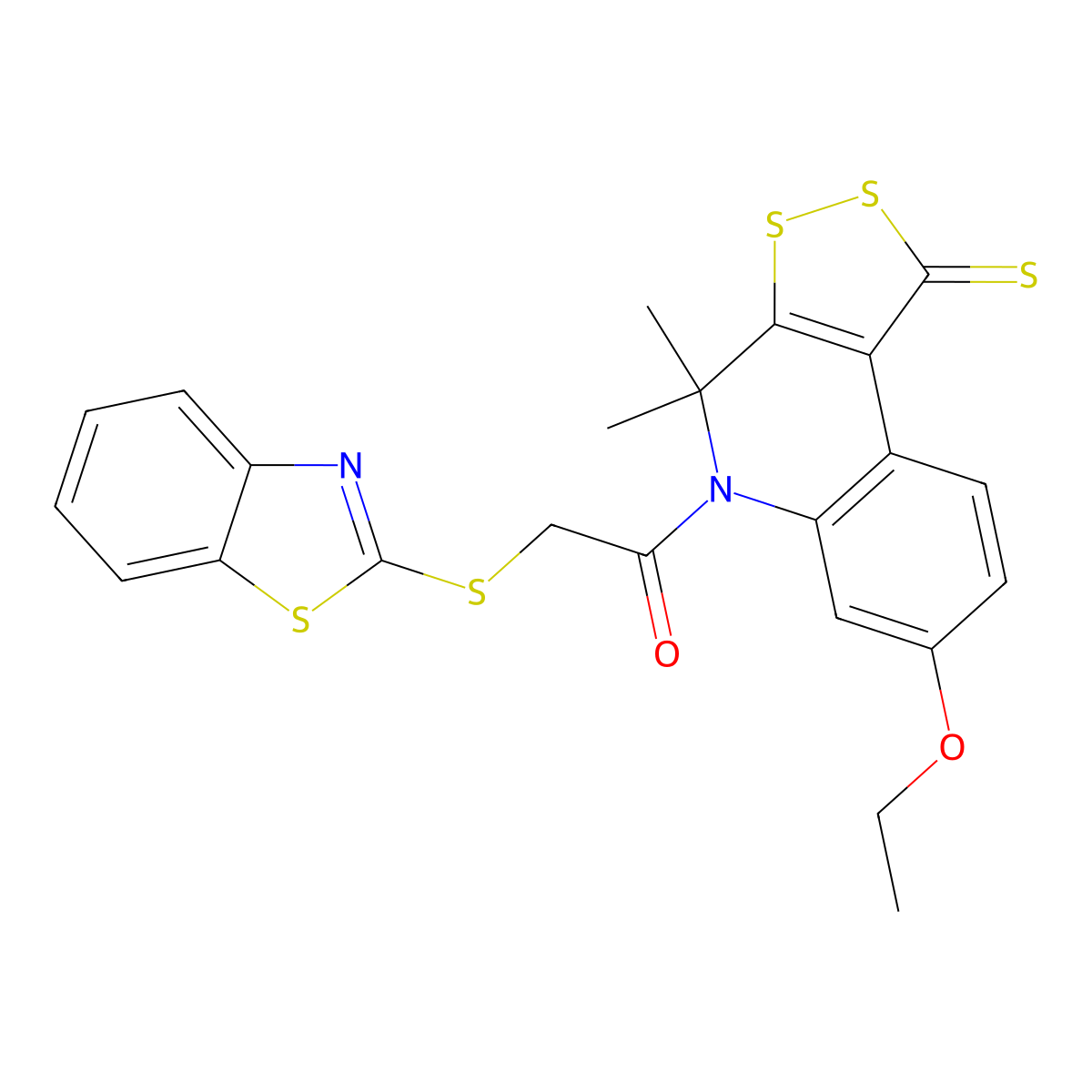 2-(1,3-benzothiazol-2-ylsulfanyl)-1-(7-ethoxy-4,4-dimethyl-1-thioxo-1,4-dihydro-5H-[1,2]dithiolo[3,4-c]quinolin-5-yl)ethanone molecular structure, CAS 316358-00-6