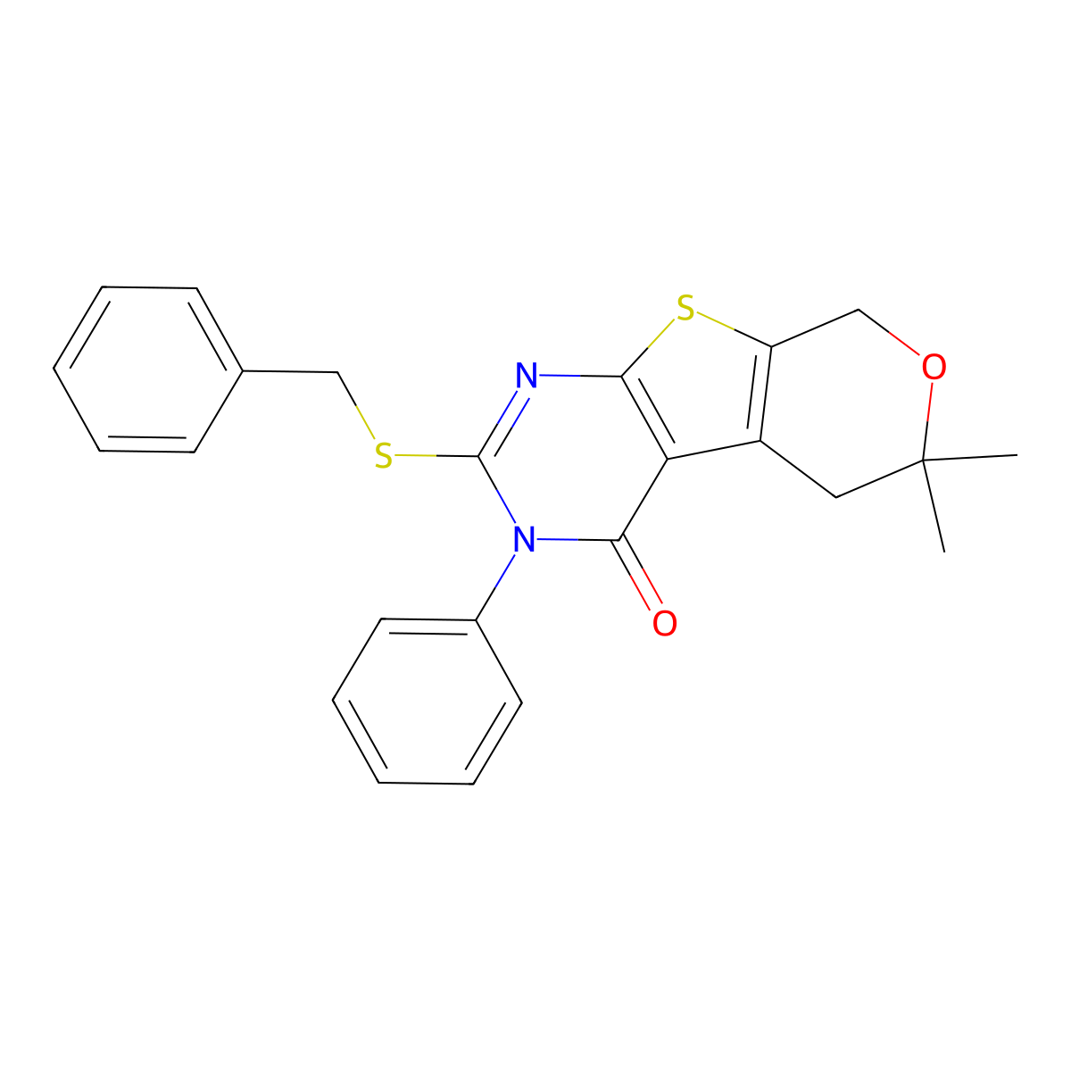 2-(benzylsulfanyl)-6,6-dimethyl-3-phenyl-3,5,6,8-tetrahydro-4H-pyrano[4',3':4,5]thieno[2,3-d]pyrimidin-4-one molecular structure, CAS 316358-02-8