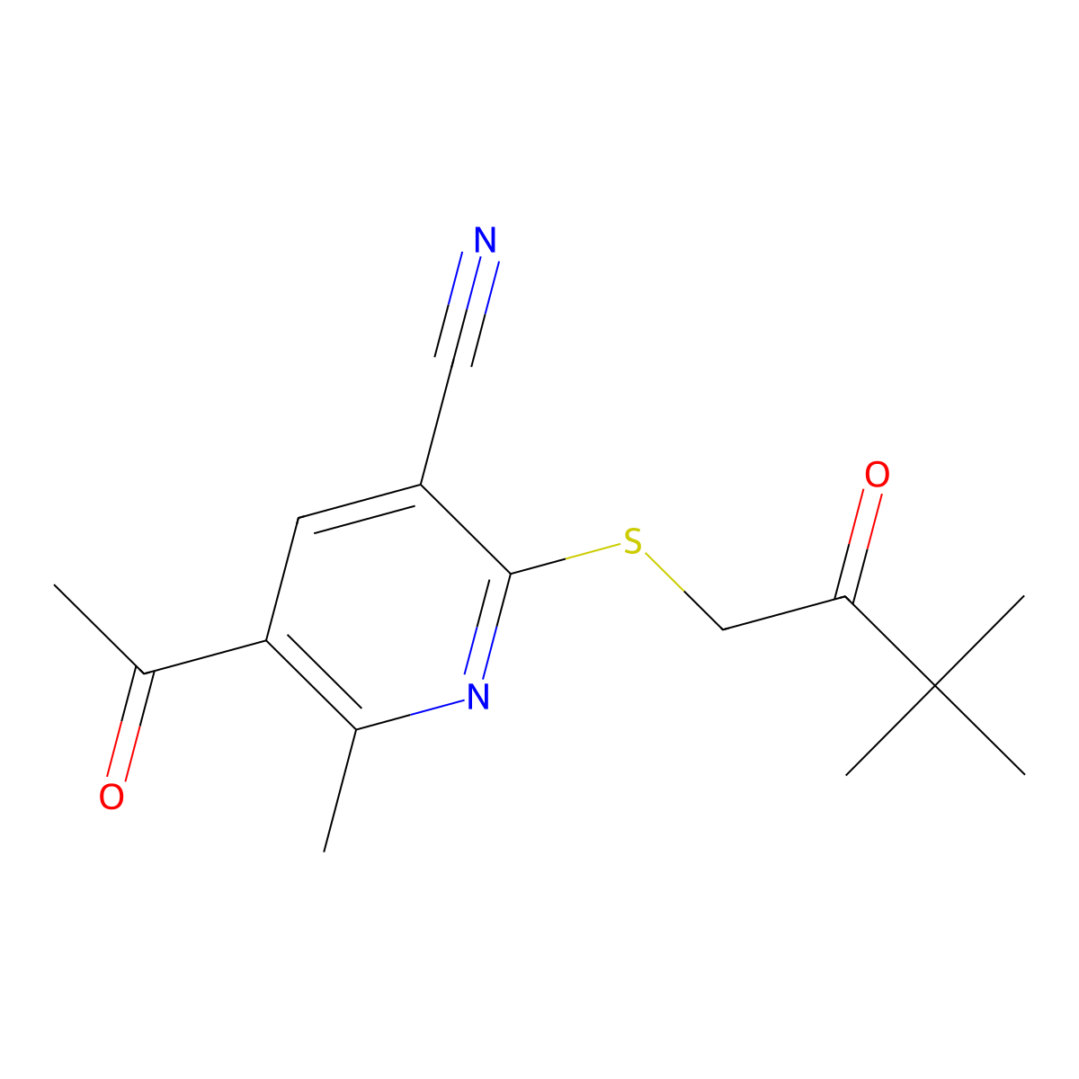 5-Acetyl-2-(3,3-dimethyl-2-oxobutyl)sulfanyl-6-methylpyridine-3-carbonitrile molecular structure, CAS 316358-08-4
