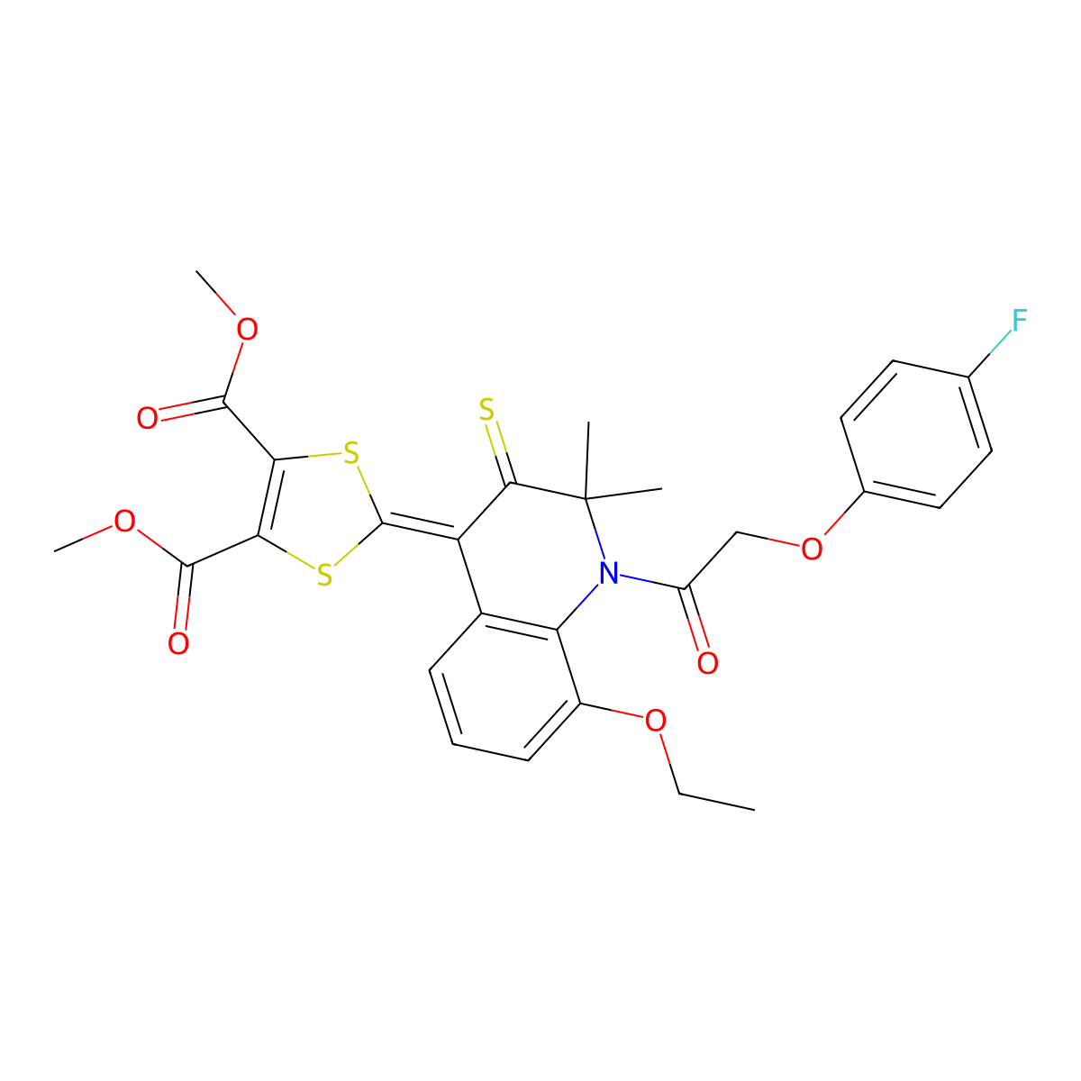 dimethyl 2-(8-ethoxy-1-[(4-fluorophenoxy)acetyl]-2,2-dimethyl-3-thioxo-2,3-dihydro-4(1H)-quinolinylidene)-1,3-dithiole-4,5-dicarboxylate molecular structure, CAS 316358-45-9