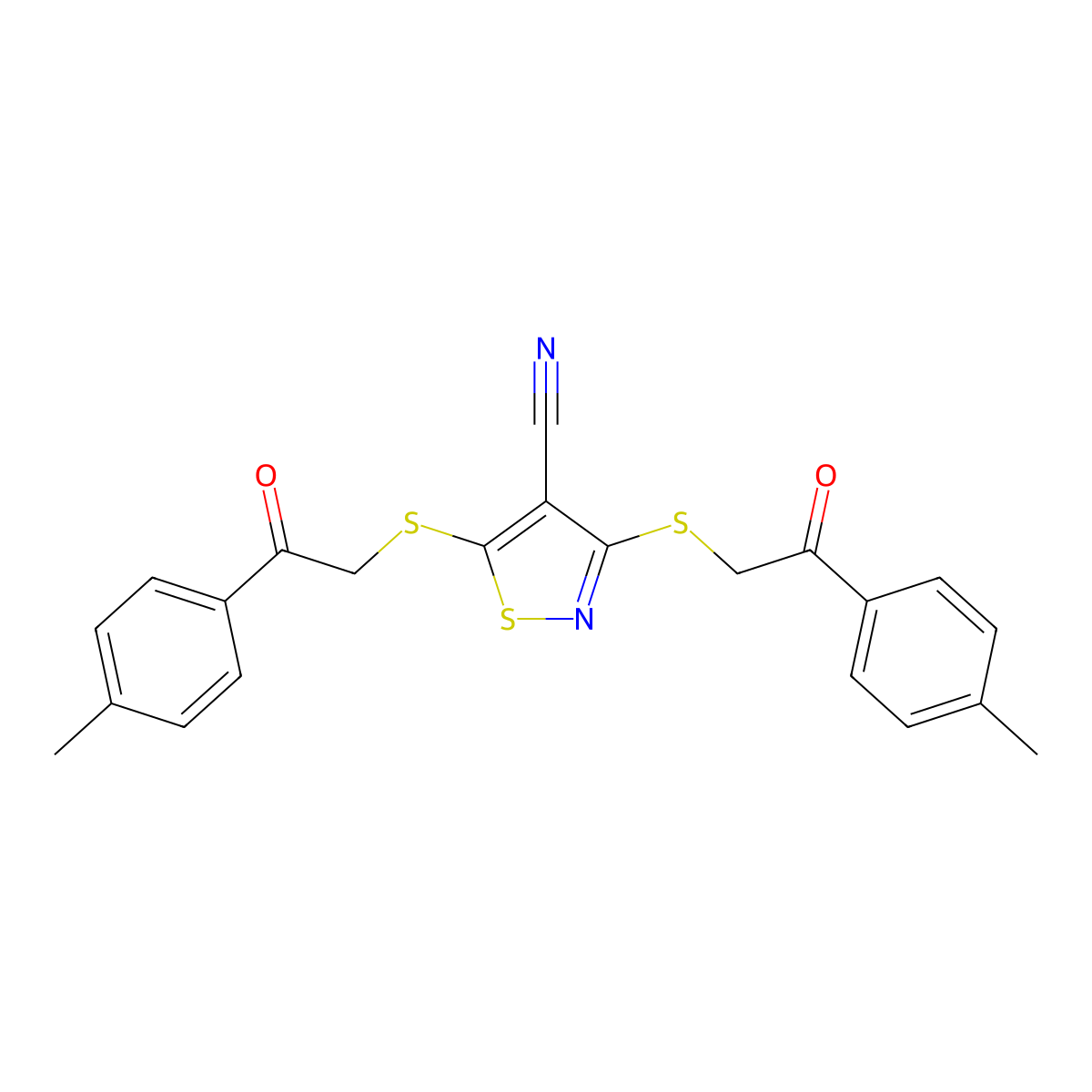 3,5-Bis[[2-(4-methylphenyl)-2-oxoethyl]sulfanyl]-1,2-thiazole-4-carbonitrile molecular structure, CAS 316358-54-0