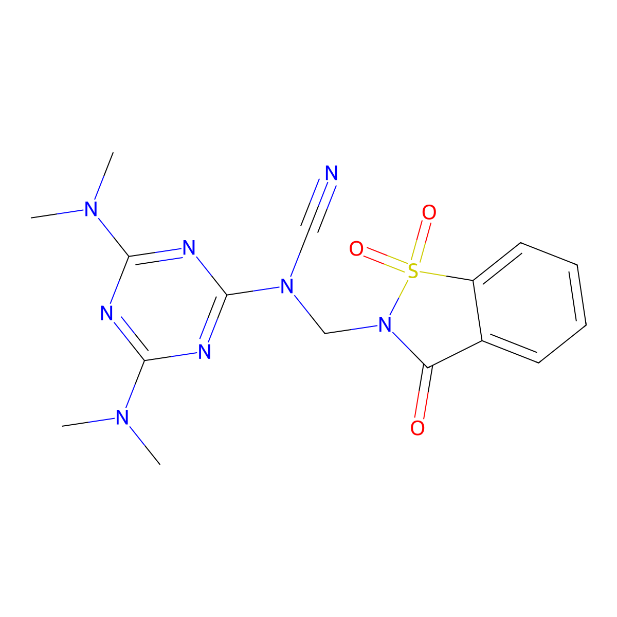 [4,6-Bis(dimethylamino)-1,3,5-triazin-2-yl]-[(1,1,3-trioxo-1,2-benzothiazol-2-yl)methyl]cyanamide molecular structure, CAS 316359-12-3