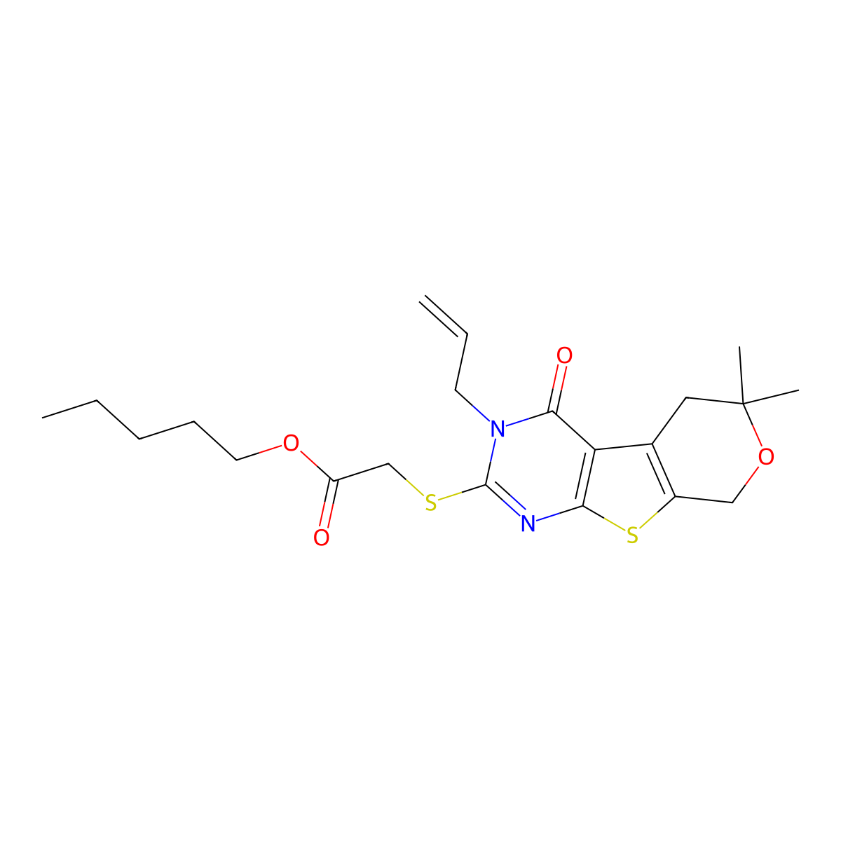 pentyl 2-((3-allyl-6,6-dimethyl-4-oxo-4,5,6,8-tetrahydro-3H-pyrano[4',3':4,5]thieno[2,3-d]pyrimidin-2-yl)thio)acetate molecular structure, CAS 316359-23-6