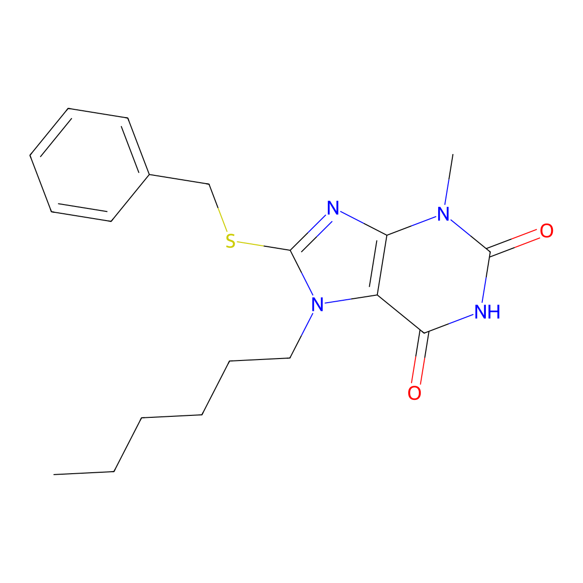 8-(benzylsulfanyl)-7-hexyl-3-methyl-3,7-dihydro-1H-purine-2,6-dione molecular structure, CAS 316359-44-1