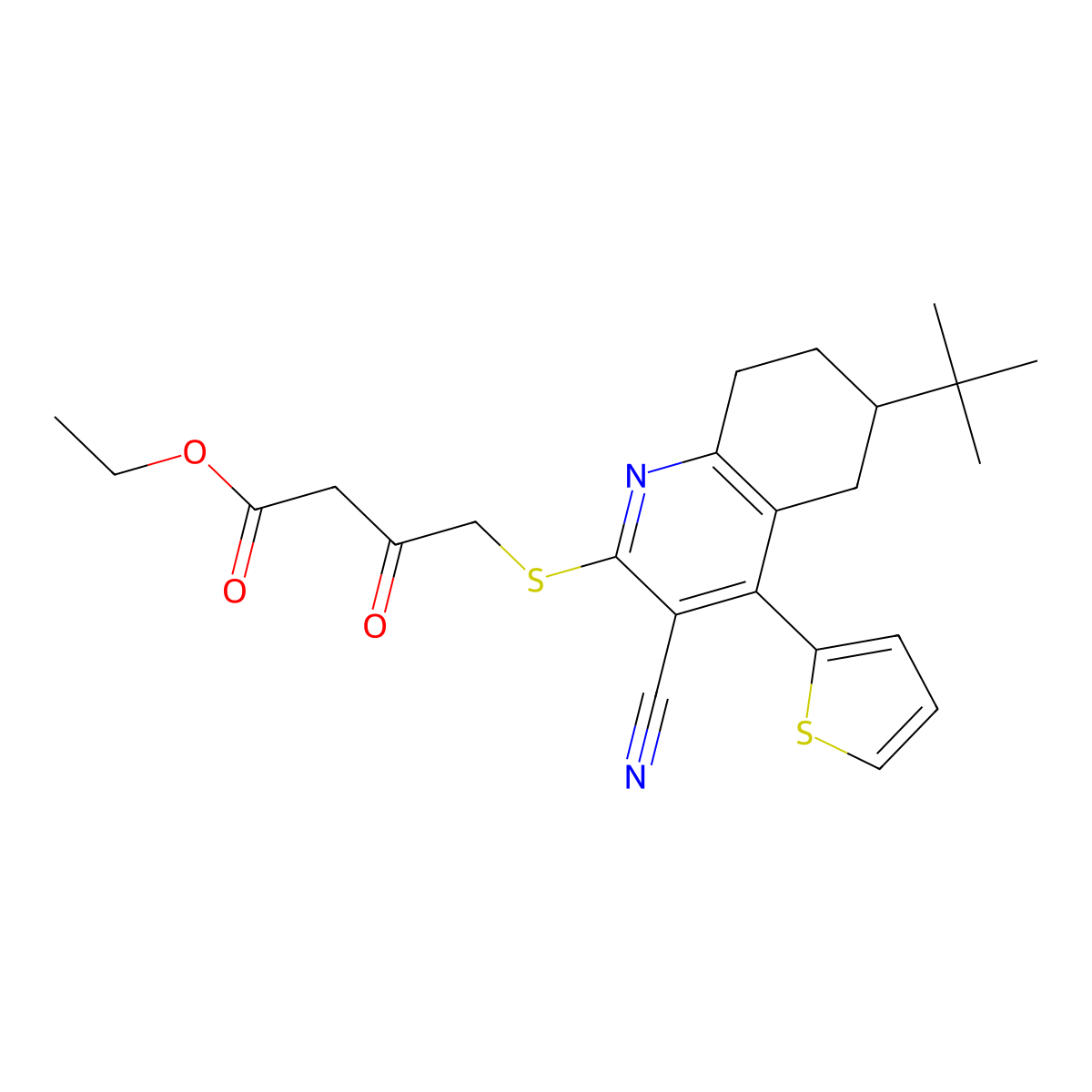 Ethyl 4-{[6-tert-butyl-3-cyano-4-(thiophen-2-yl)-5,6,7,8-tetrahydroquinolin-2-yl]sulfanyl}-3-oxobutanoate molecular structure, CAS 316359-92-9