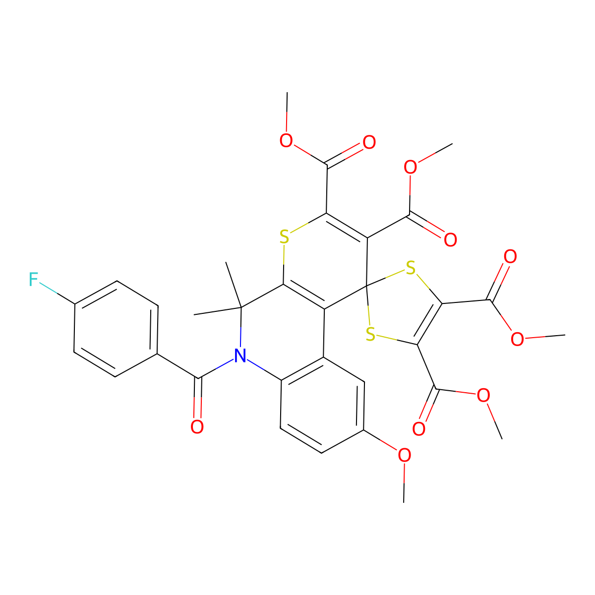 Tetramethyl 6'-[(4-fluorophenyl)carbonyl]-9'-methoxy-5',5'-dimethyl-5',6'-dihydrospiro[1,3-dithiole-2,1'-thiopyrano[2,3-c]quinoline]-2',3',4,5-tetracarboxylate molecular structure, CAS 316360-25-5