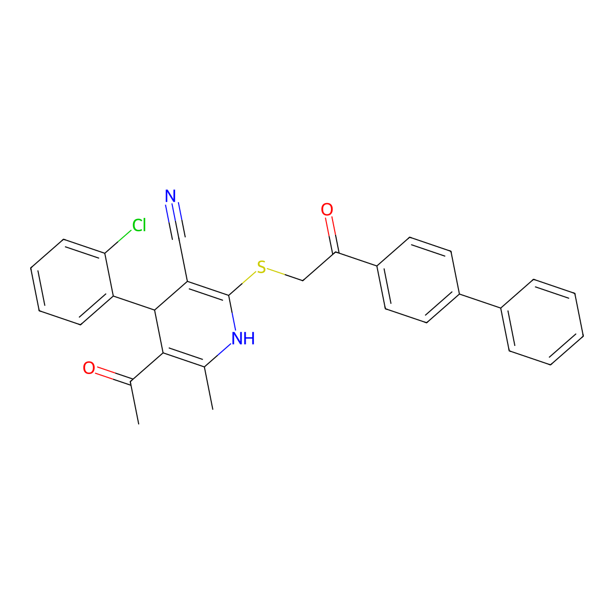 5-Acetyl-4-(2-chlorophenyl)-6-methyl-2-[2-oxo-2-(4-phenylphenyl)ethyl]sulfanyl-1,4-dihydropyridine-3-carbonitrile molecular structure, CAS 316360-28-8