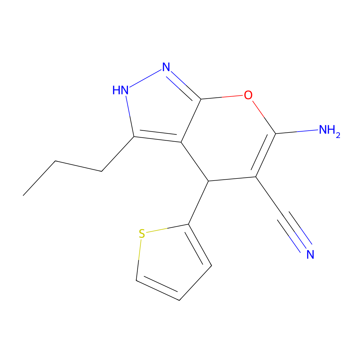 6-Amino-3-propyl-4-(2-thienyl)-1,4-dihydropyrano[2,3-c]pyrazole-5-carbonitrile molecular structure, CAS 316360-38-0