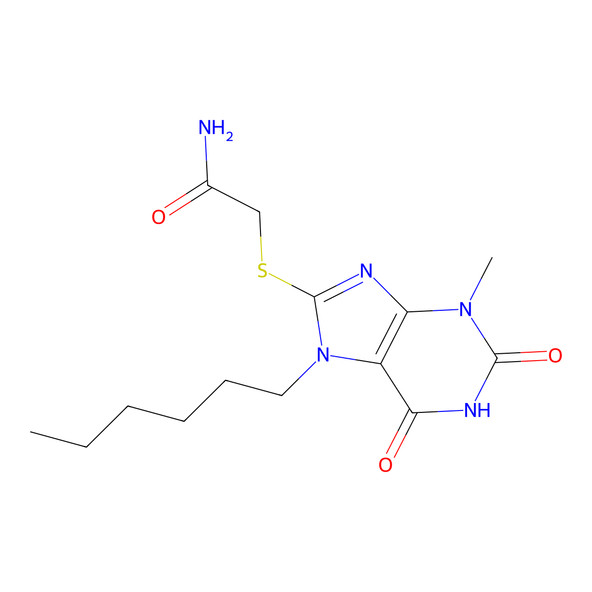2-(7-Hexyl-3-methyl-2,6-dioxopurin-8-yl)sulfanylacetamide molecular structure, CAS 316360-56-2