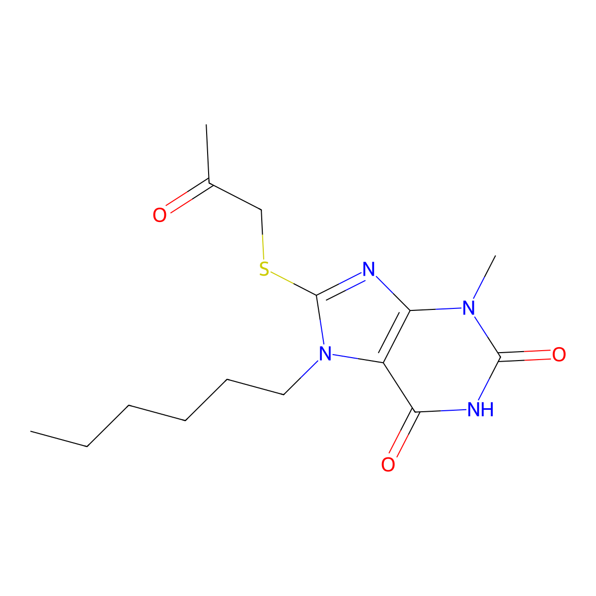 7-Hexyl-3-methyl-8-(2-oxopropylsulfanyl)purine-2,6-dione molecular structure, CAS 316360-57-3