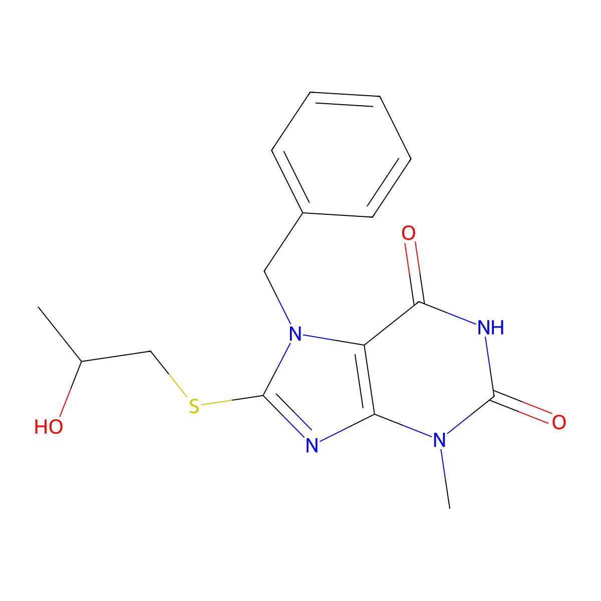 7-Benzyl-8-(2-hydroxy-propylsulfanyl)-3-methyl-3,7-dihydro-purine-2,6-dione molecular structure, CAS 316360-59-5