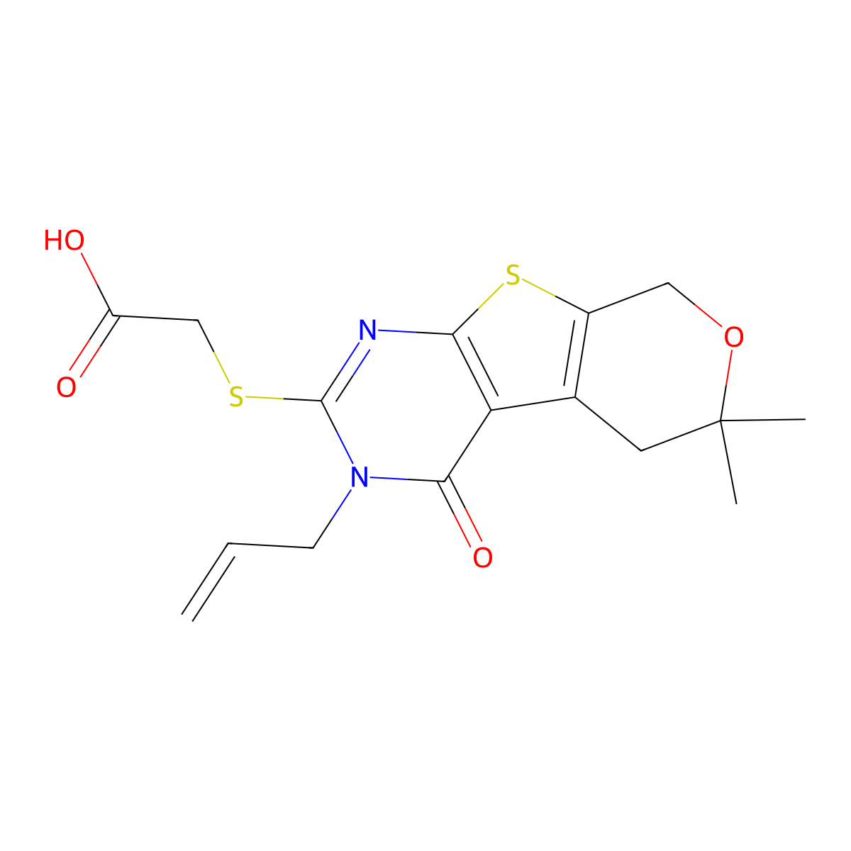 2-((3-allyl-6,6-dimethyl-4-oxo-4,5,6,8-tetrahydro-3H-pyrano[4',3':4,5]thieno[2,3-d]pyrimidin-2-yl)thio)acetic acid molecular structure, CAS 316360-88-0