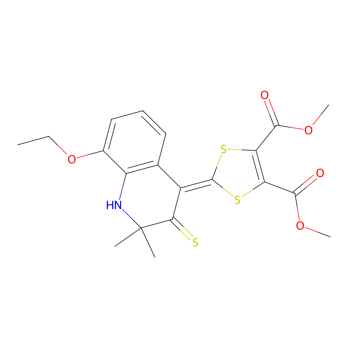 dimethyl 2-(8-ethoxy-2,2-dimethyl-3-thioxo-2,3-dihydroquinolin-4(1H)-ylidene)-1,3-dithiole-4,5-dicarboxylate molecular structure, CAS 316361-18-9