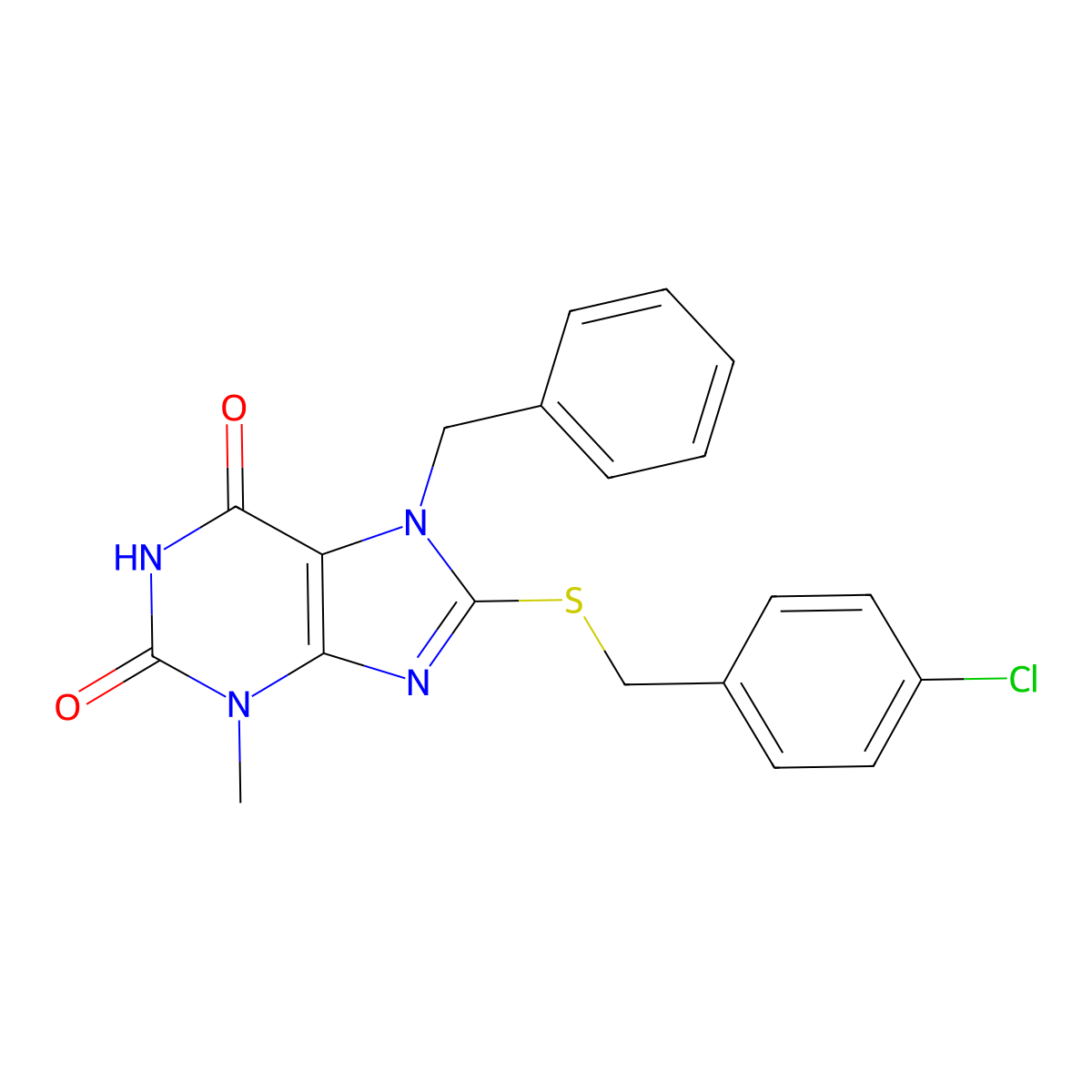 7-Benzyl-8-[(4-chlorophenyl)methylsulfanyl]-3-methylpurine-2,6-dione molecular structure, CAS 316361-20-3