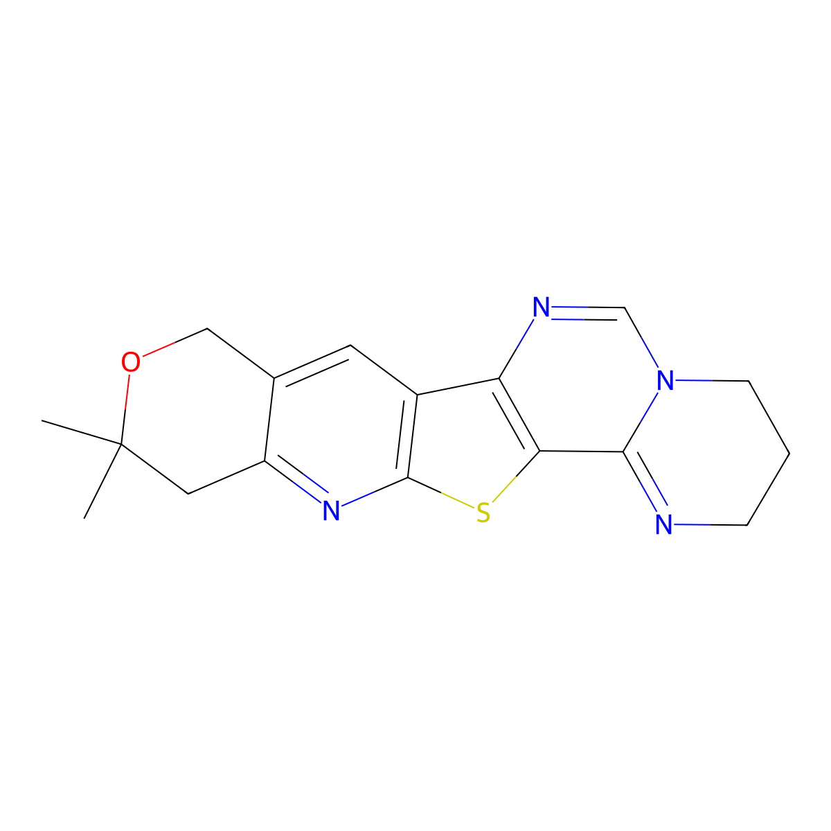 11,11-Dimethyl-2,3,4,9,11,12-hexahydropyrano[3'',4'':5',6']pyrido[3',2':4,5]thieno[2,3-e]pyrimido[1,2-c]pyrimidine molecular structure, CAS 316361-58-7